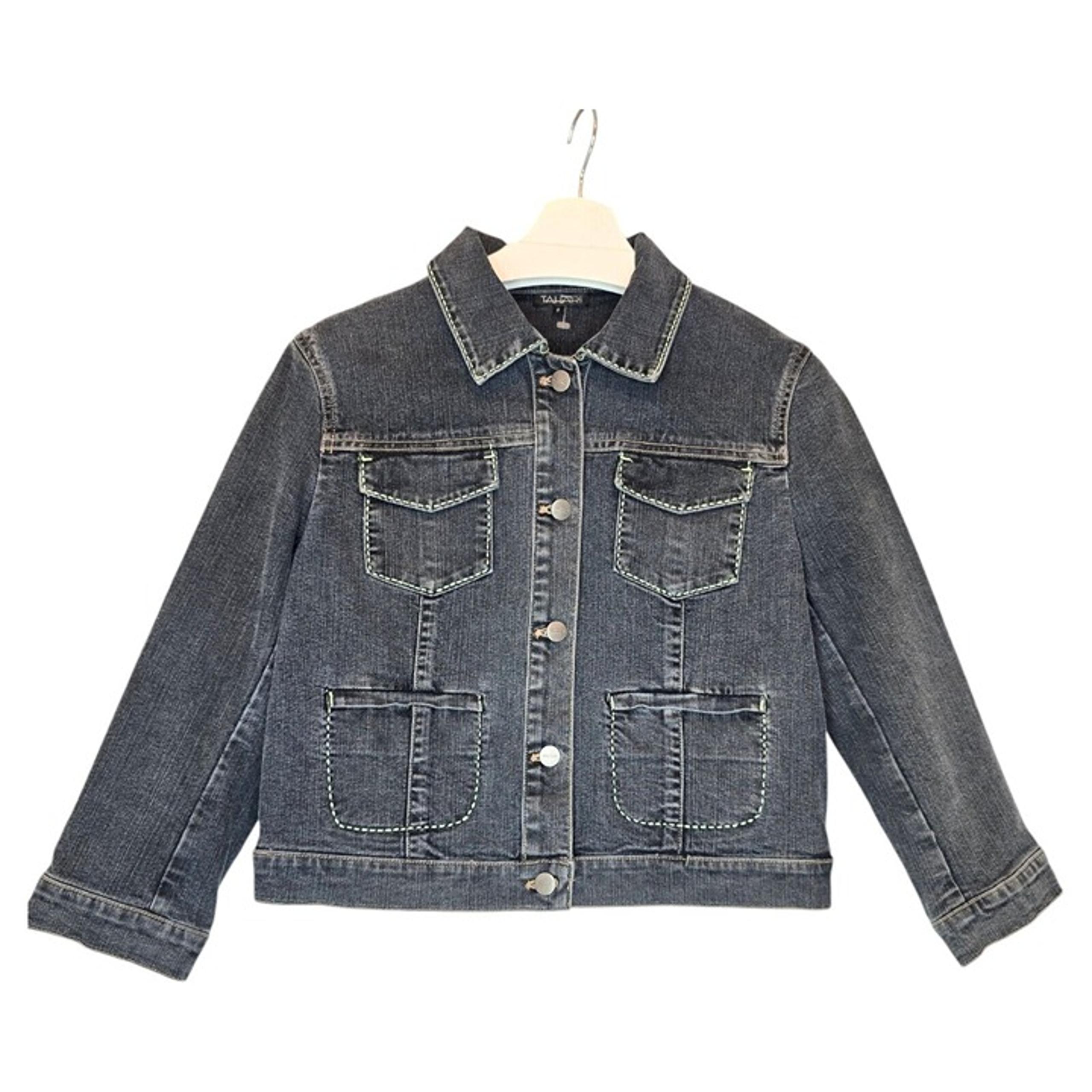 TAHARI Jean Jacket Blue Denim Women Medium Crop Utility Green Stitching Pockets