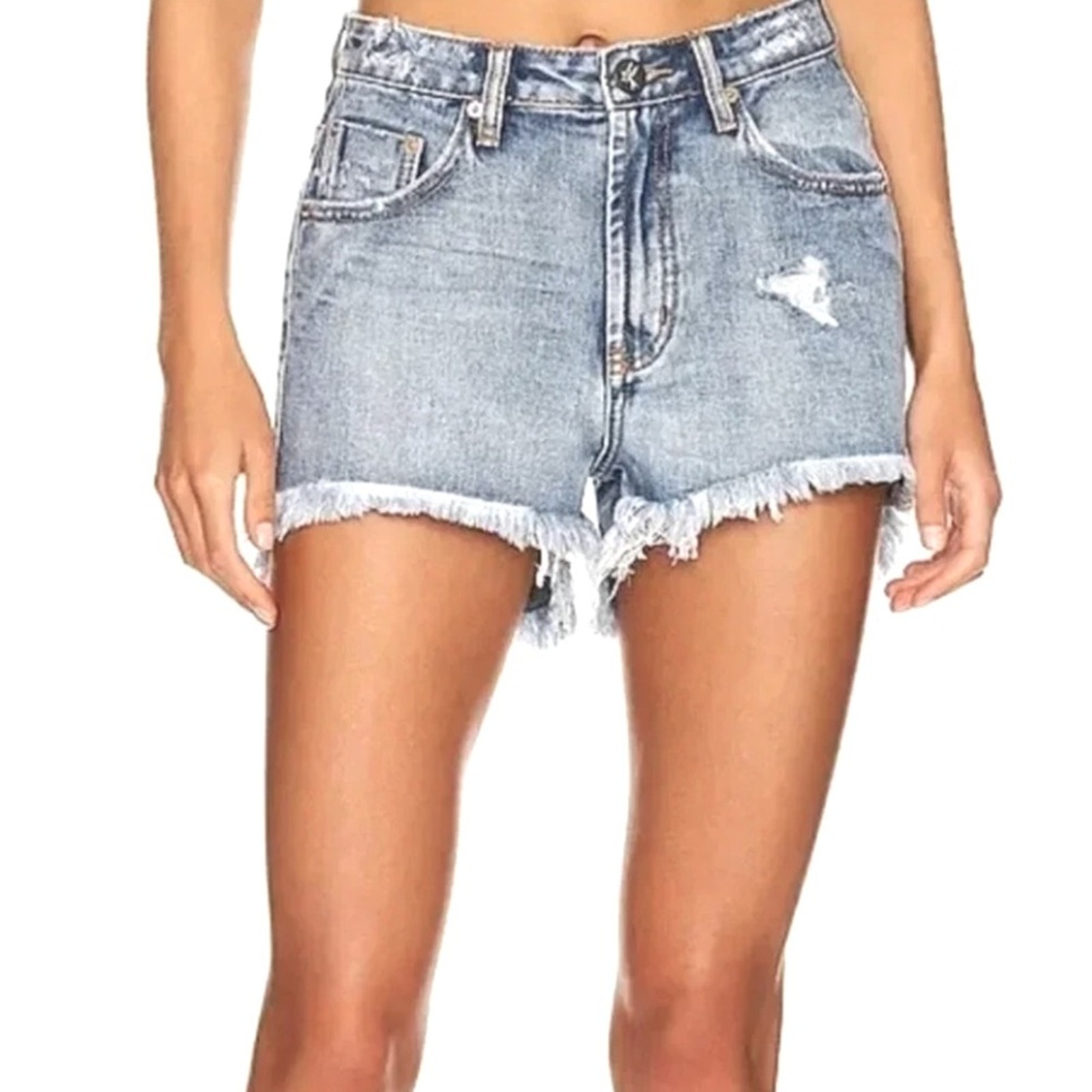 House of Harlow 1960 high rise cutoff distressed denim shorts light wash, 28