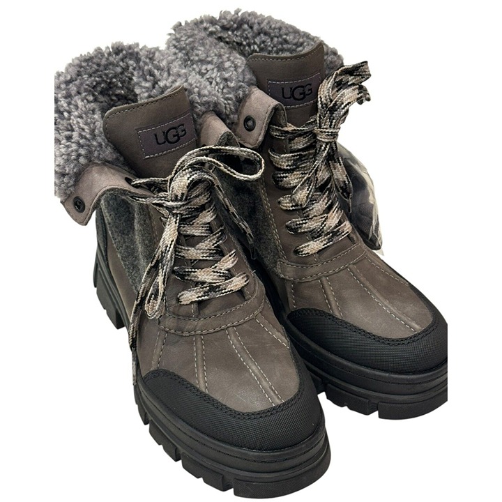 UGG 7.5 ASHTON ADDIE TIPPED SNOW BOOT GREY WATERPROOF FULL-GRAIN LEATHER WOMENS
