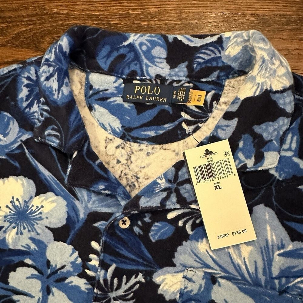 NEW Ralph Lauren Polo Mens Floral Blue Terry Cloth Camp Shirt 138 Sz XL a1