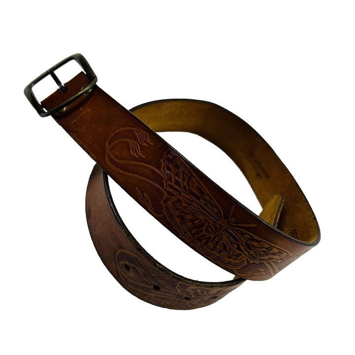 VTG 80s Butterfly Embossed Tooled Leather Belt Brown Western Y2K Waist SZ 32