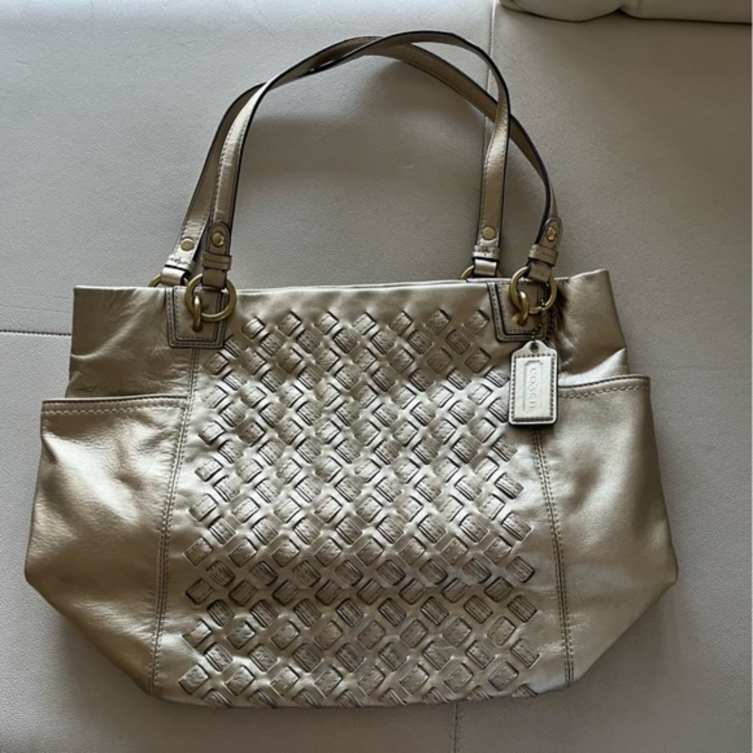 COACH- North South Metallic Woven Leather Gold Shoulder Bag Tote