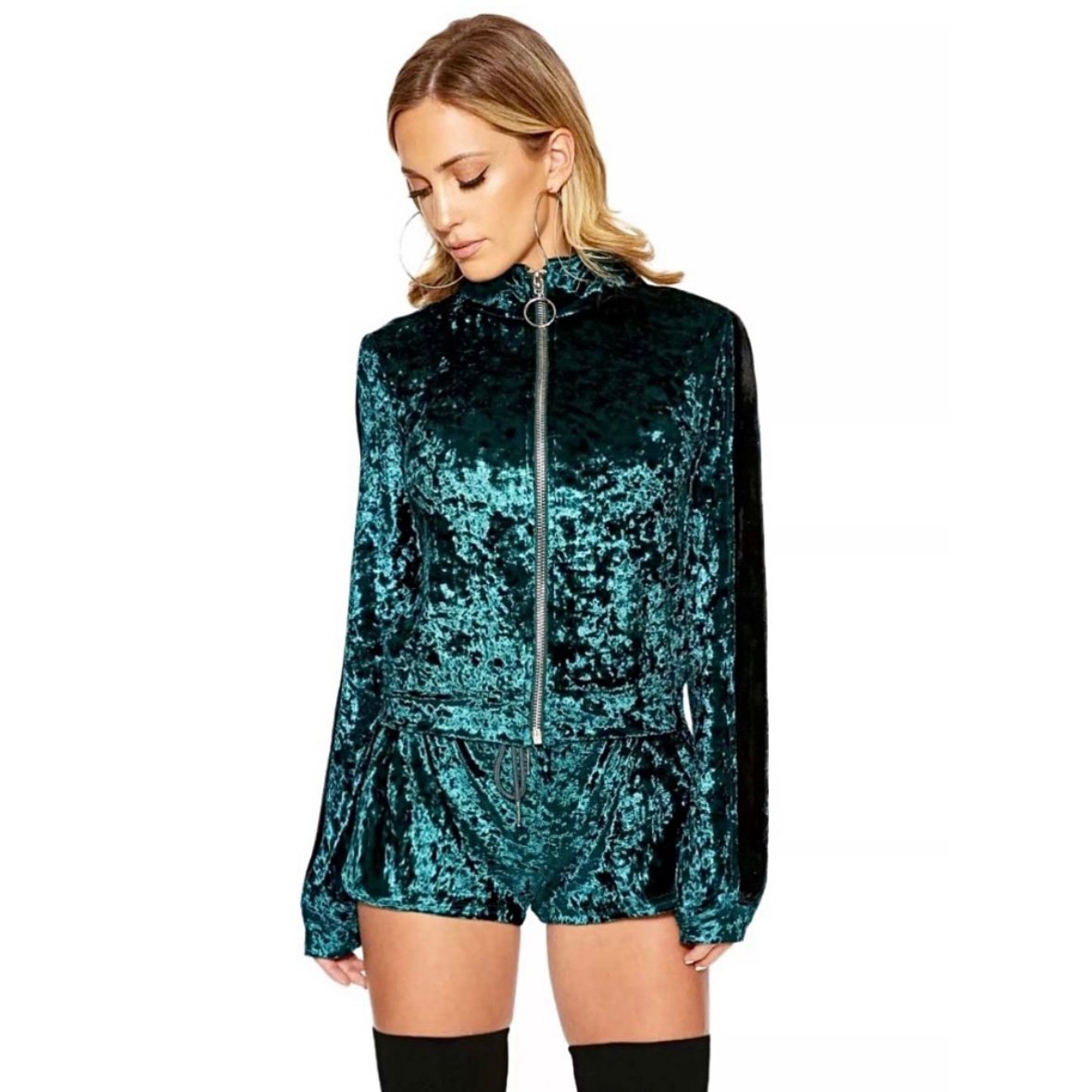 Naked Wardrobe Short Velvet Emerald Track Suit Set
