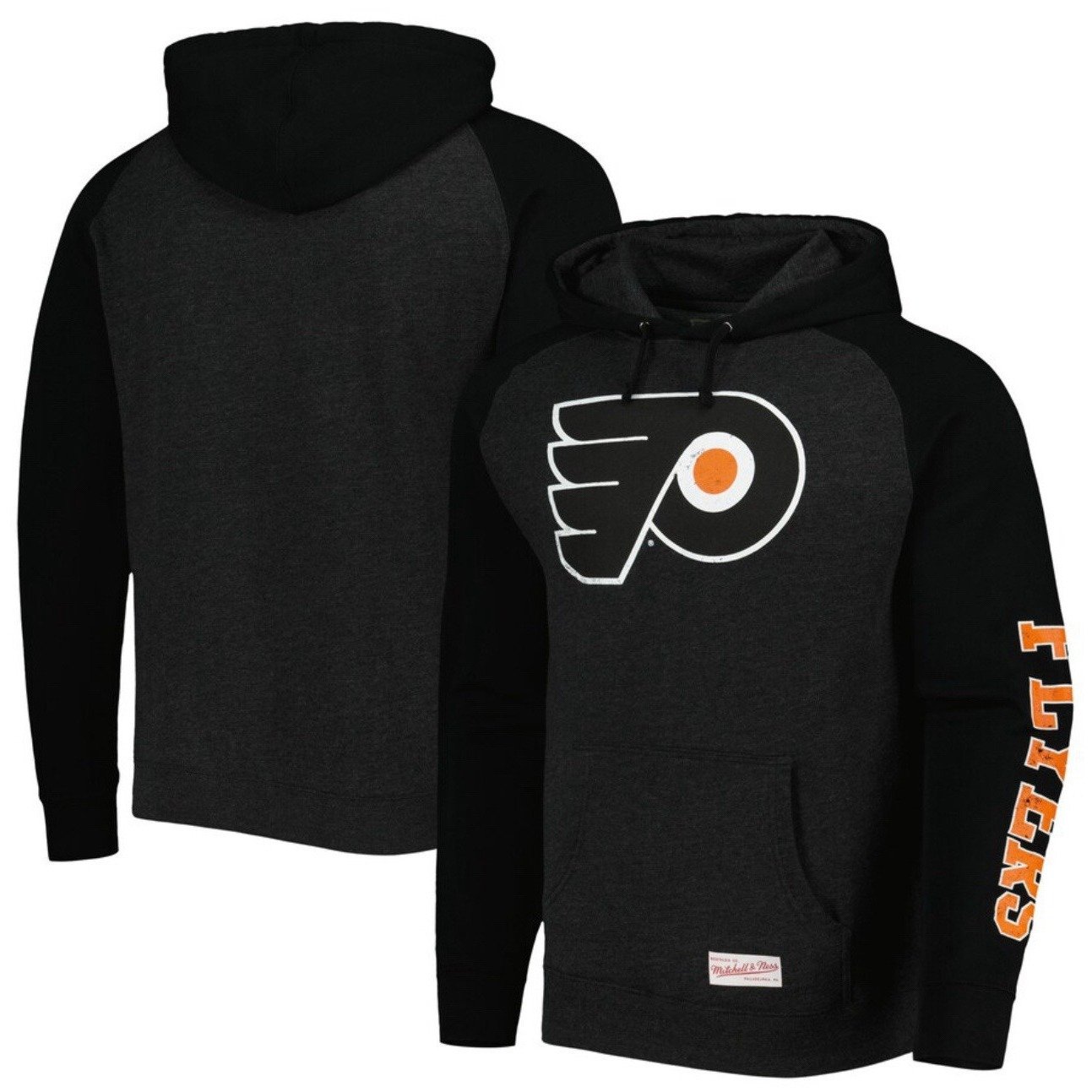 Men's Large Philadelphia Flyers Mitchell & Ness Heather Black Raglan Hoodie NWT