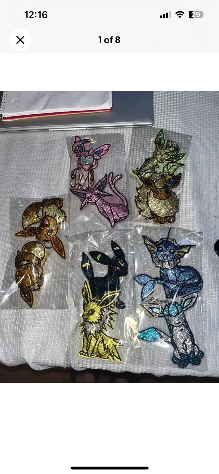 Pokémon Glitter Keychain Rhinestone Eevee & Evolution Set of 10 Preowned