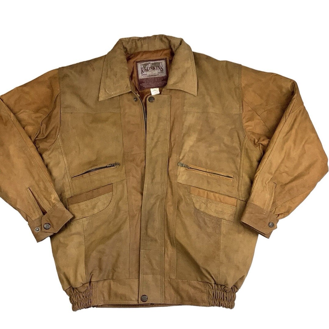 Vintage Territoire Redskins Tan Brown Leather Bomber Jacket Men’s XXL 2XL Zip Up