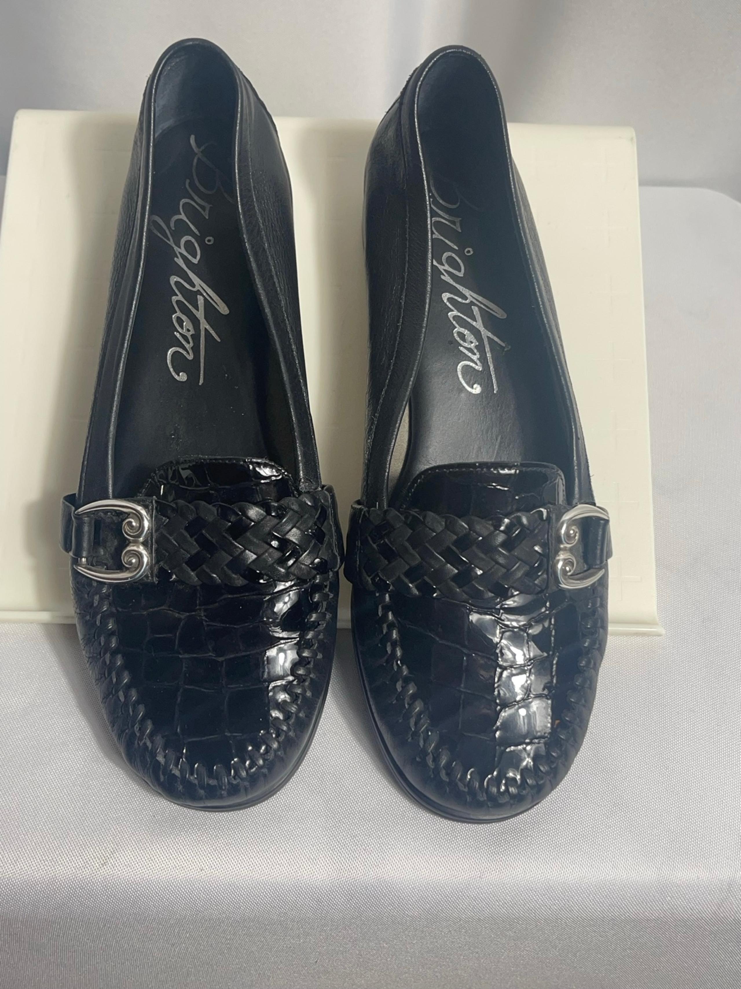 Brighton Size 6.5 M Black Patent Leather Flats Silver Buckle Business Comfort