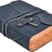 New Vintage Leather Journal 200 Handmade Deckle Edge Pages, Key Closure - Blue