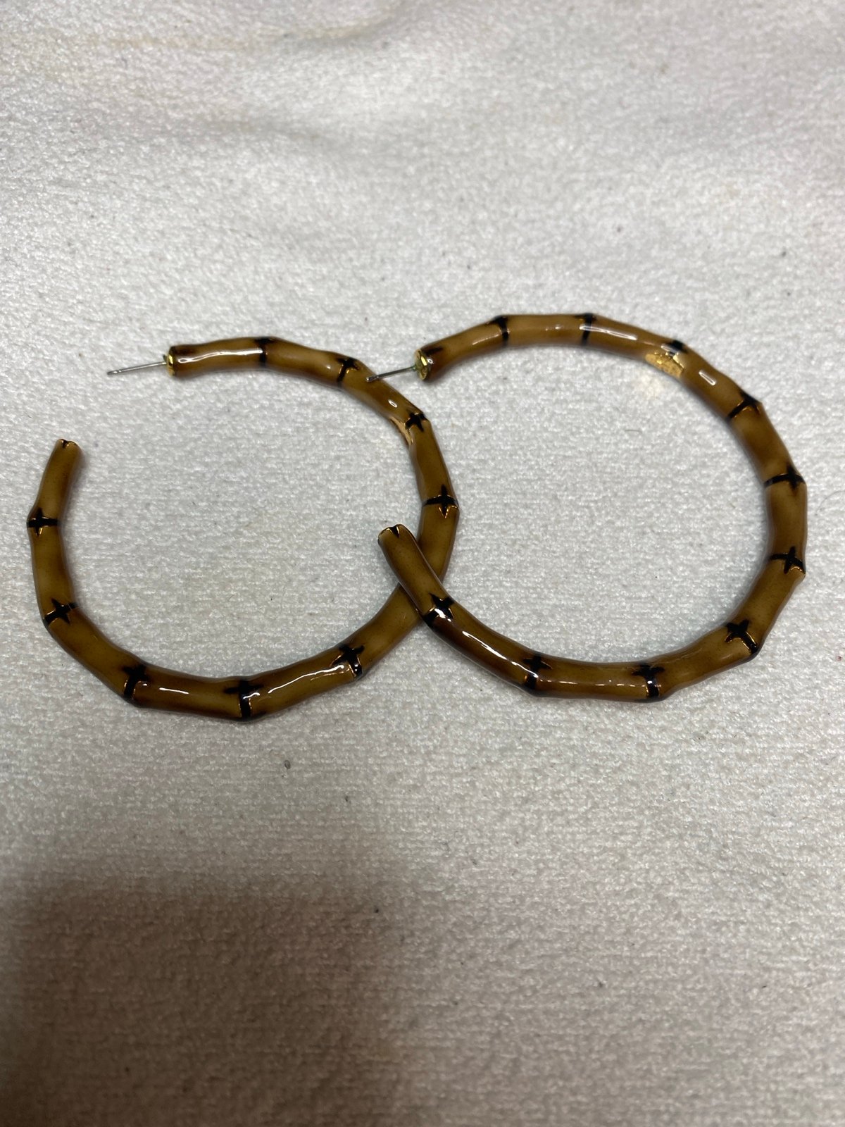 Large KJL Brown and Black Enamel Faux Bamboo Hoop Earrings (Pierced) (signed)