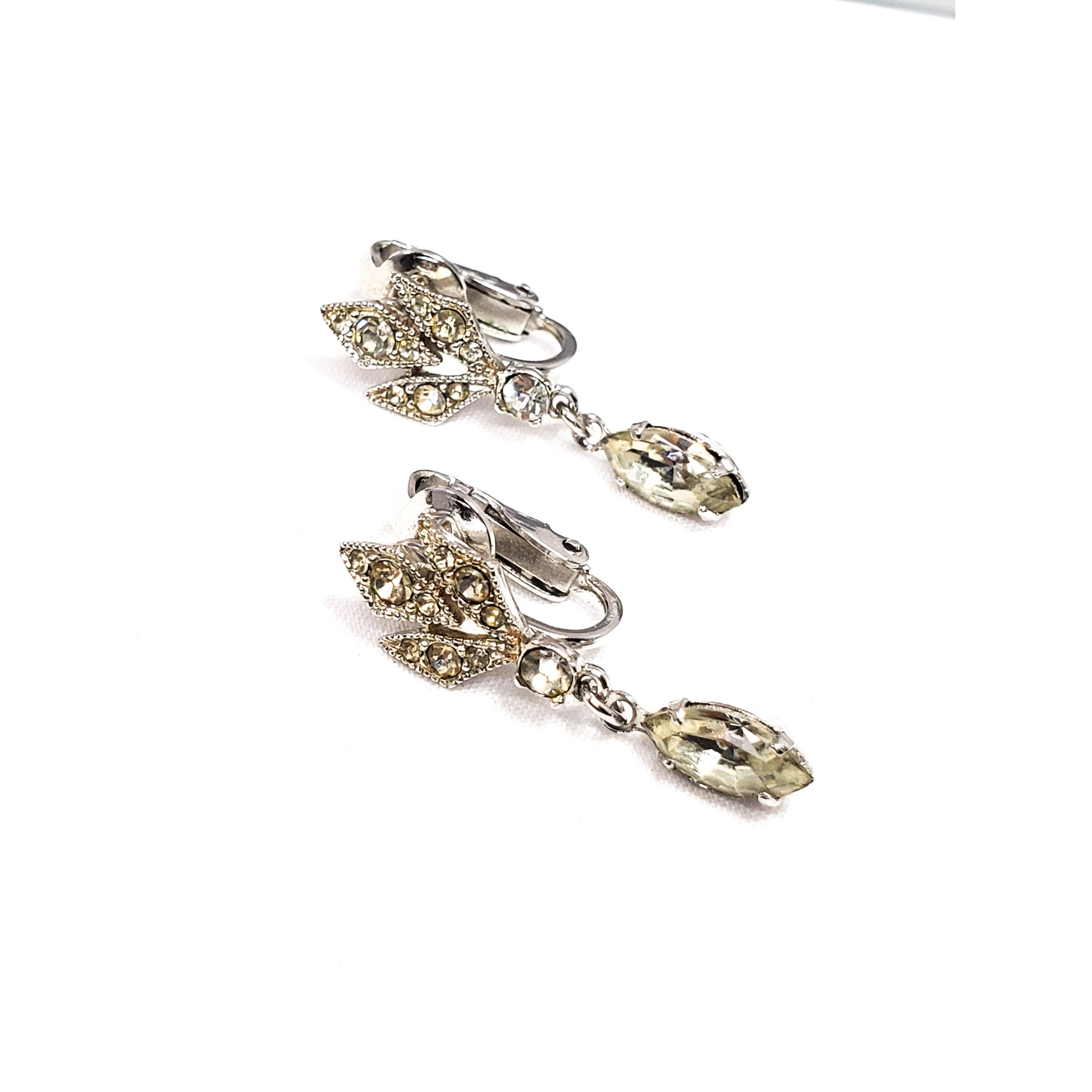 Early signed Eisenberg vintage marquis rhinestone screw back pave set clear ear