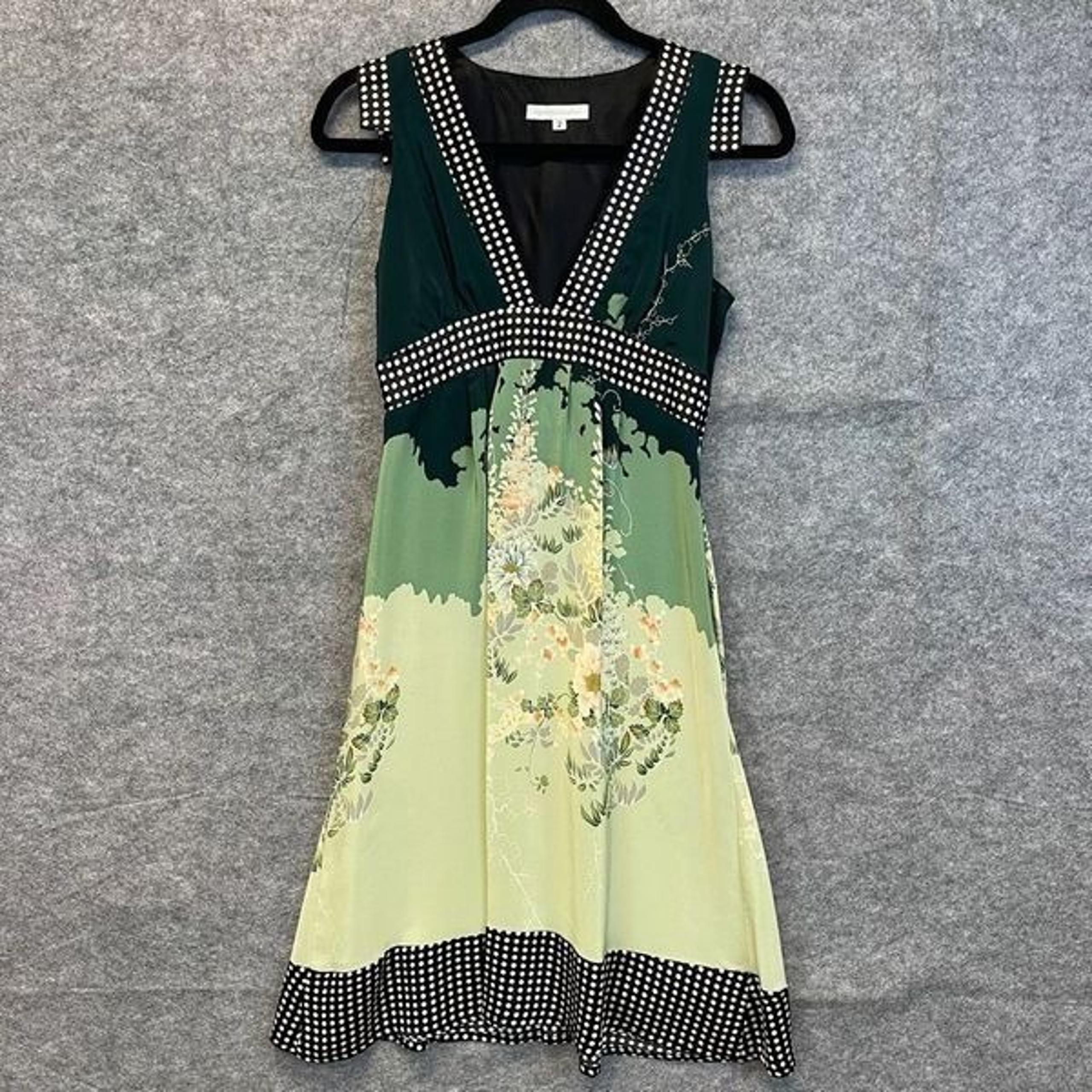 COREY LYNN CALTER Dress Size 2 Green Black Sleeveless Floral Midi Fit & Flare