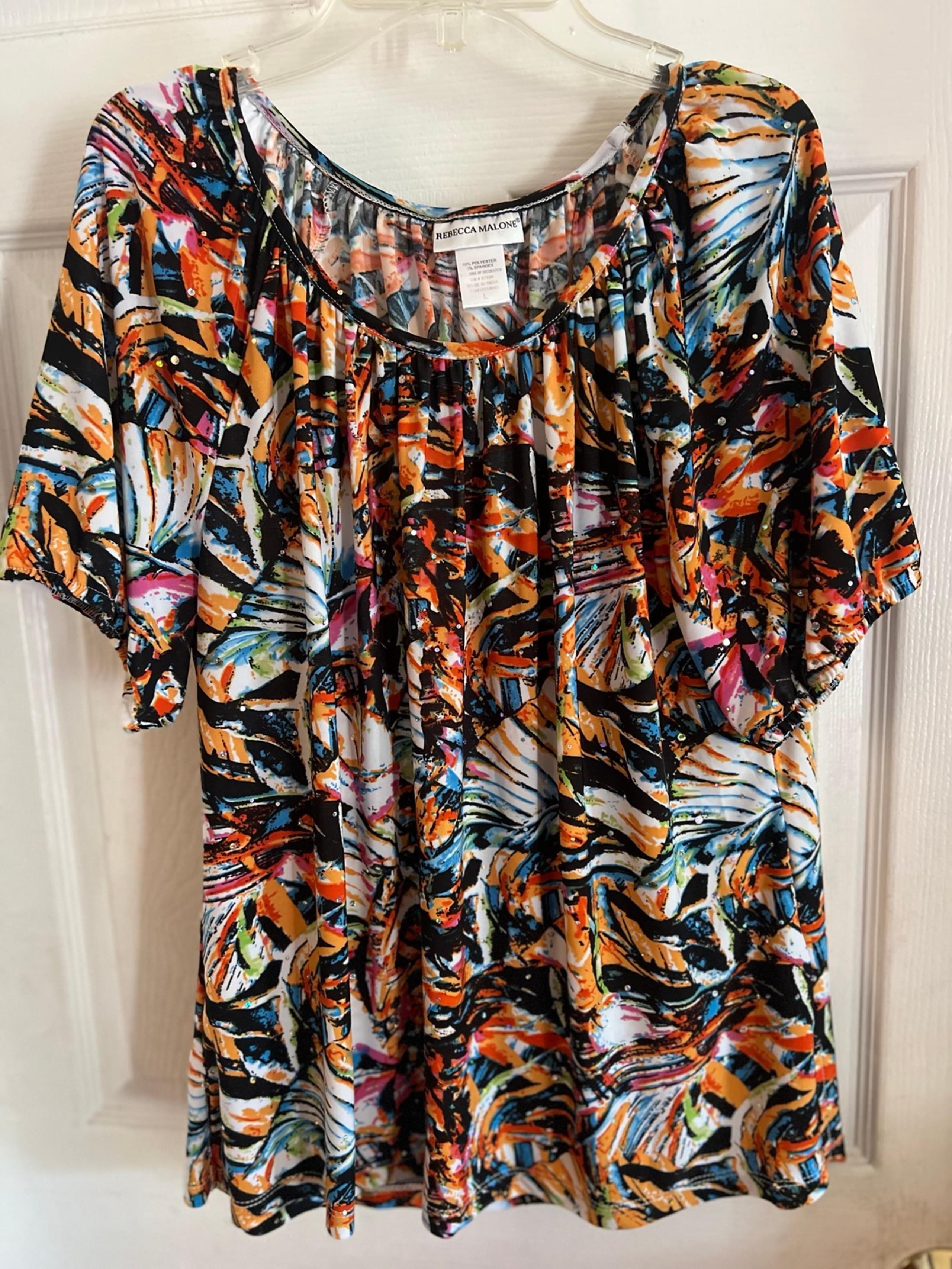 Rebecca Malone Sequin Shirt Blouse Women’s Large Boxy Tropical Sparkly Artsy