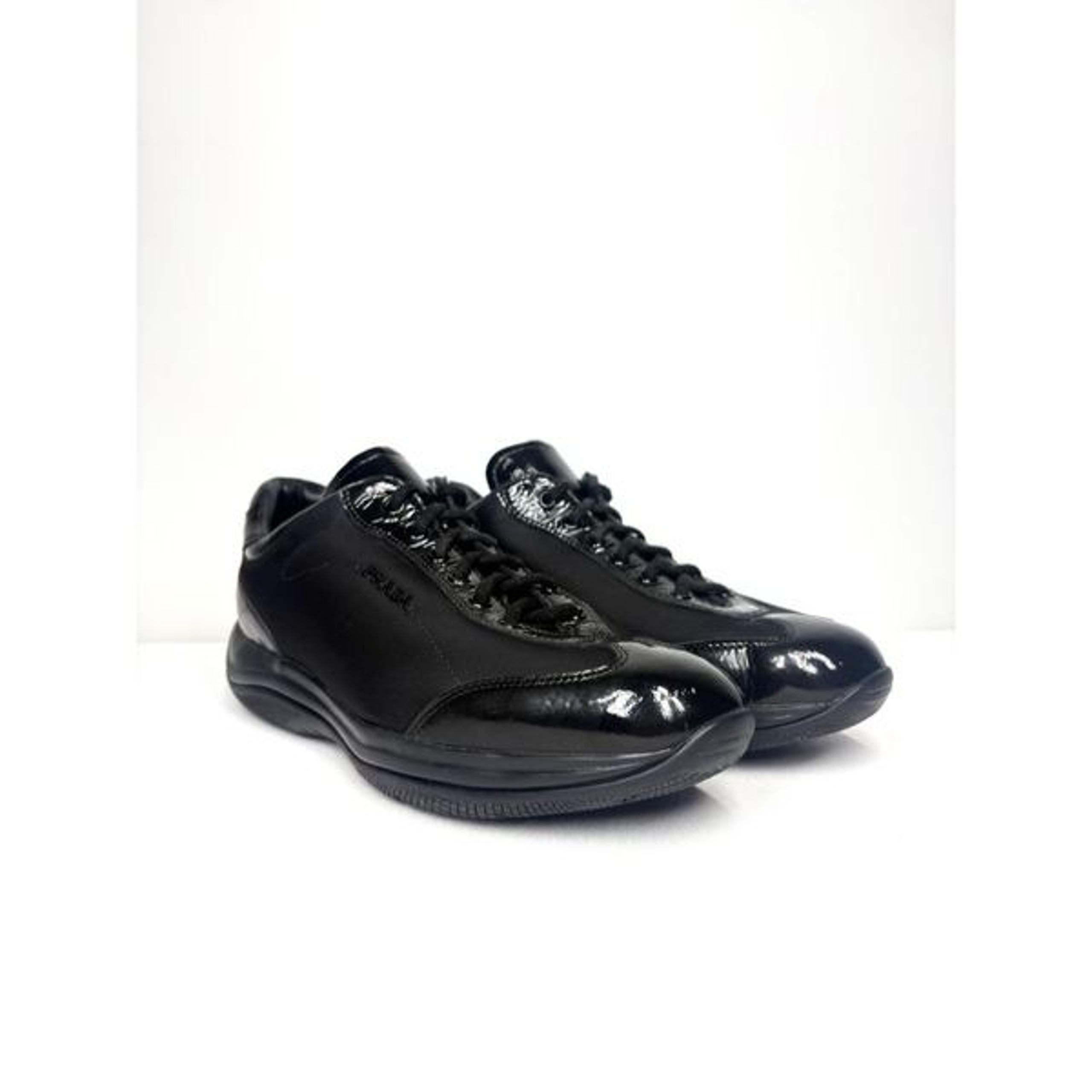 Vintage Prada Calzature Donna Black Patent Leather Sneaker Nylon Laces Women 38