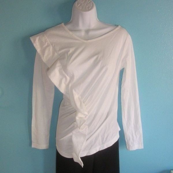 Lu Lu Cheung Womens Size S Asymmetrical Long Sleeve White Cotton Ruffle Tee