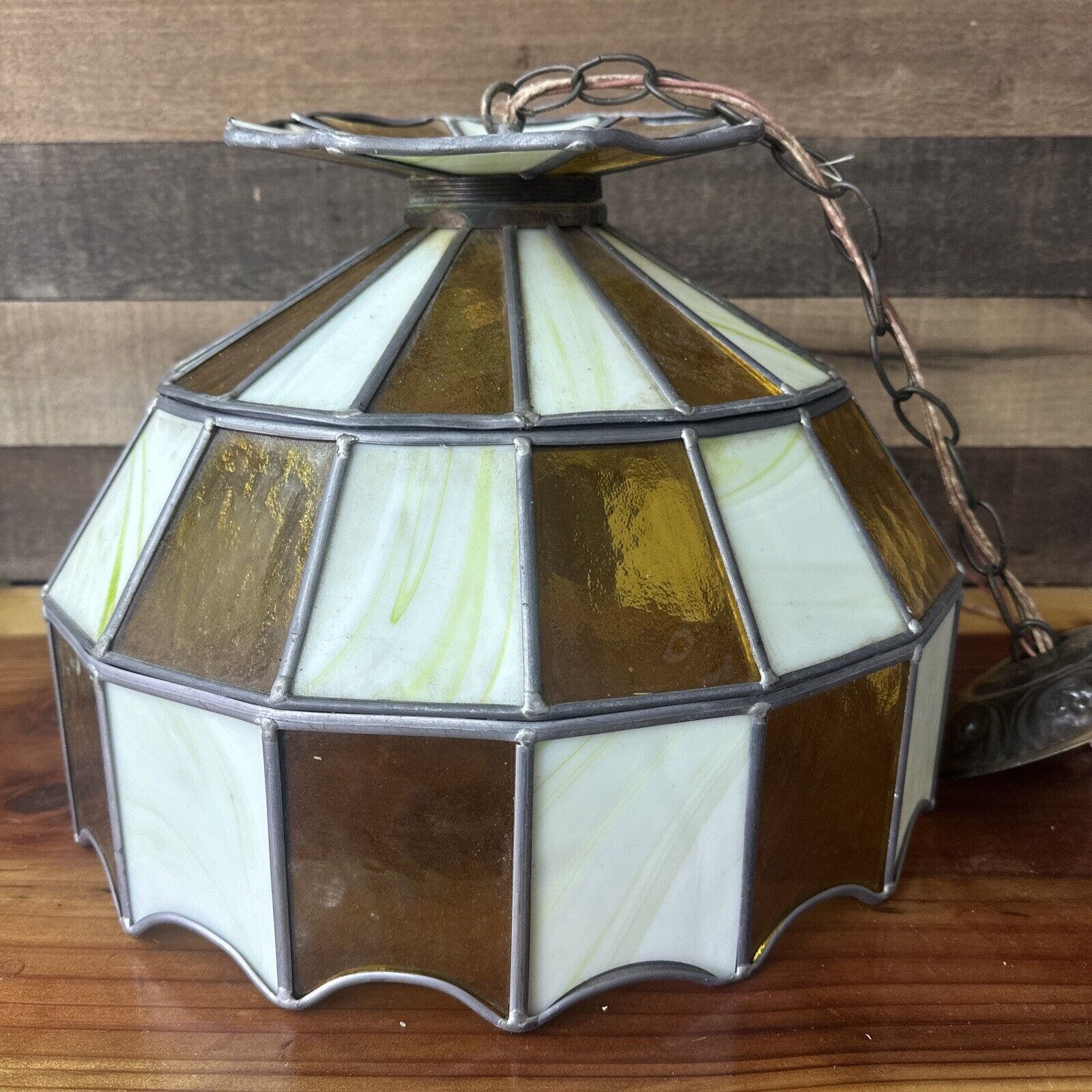Vintage Tiffany Style Stained Glass Amber White Green Ceiling Hanging Light