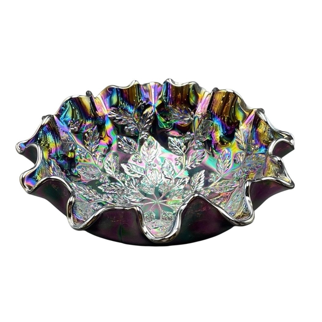 Fenton Black Amethyst Carnival Glass Holly Berry Ruffled Bowl Dish Purple