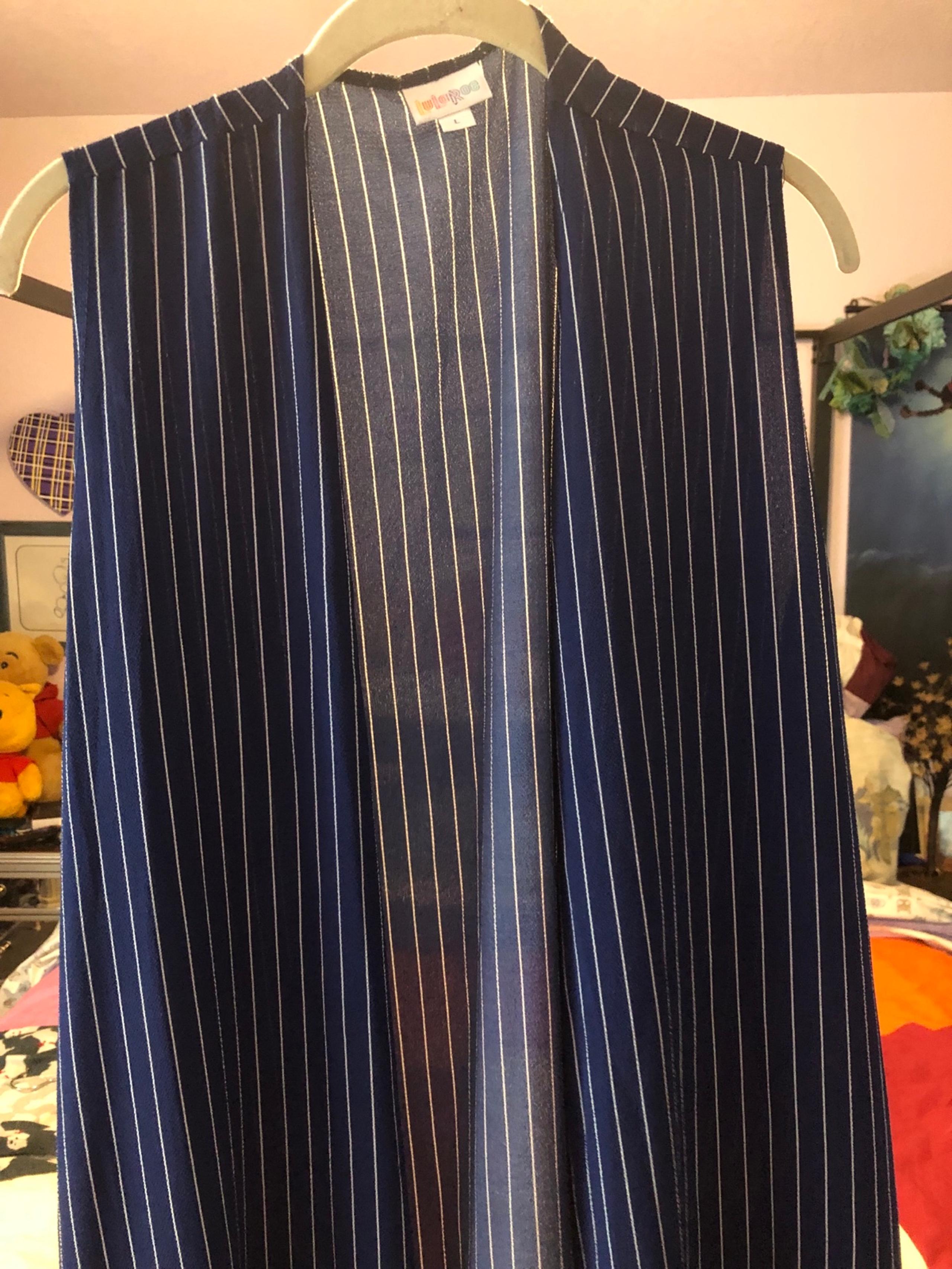 LuLaRoe Joy Duster Vest Navy White Pinstripe Size L