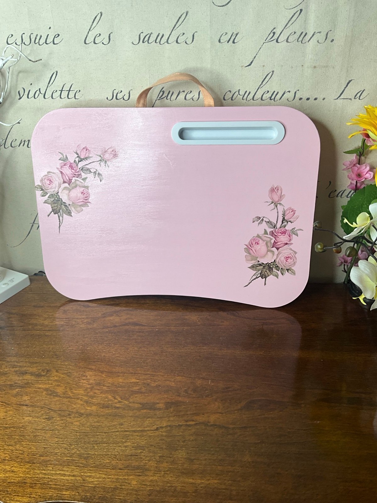 Lap desk in pink with pink roses hand painted .