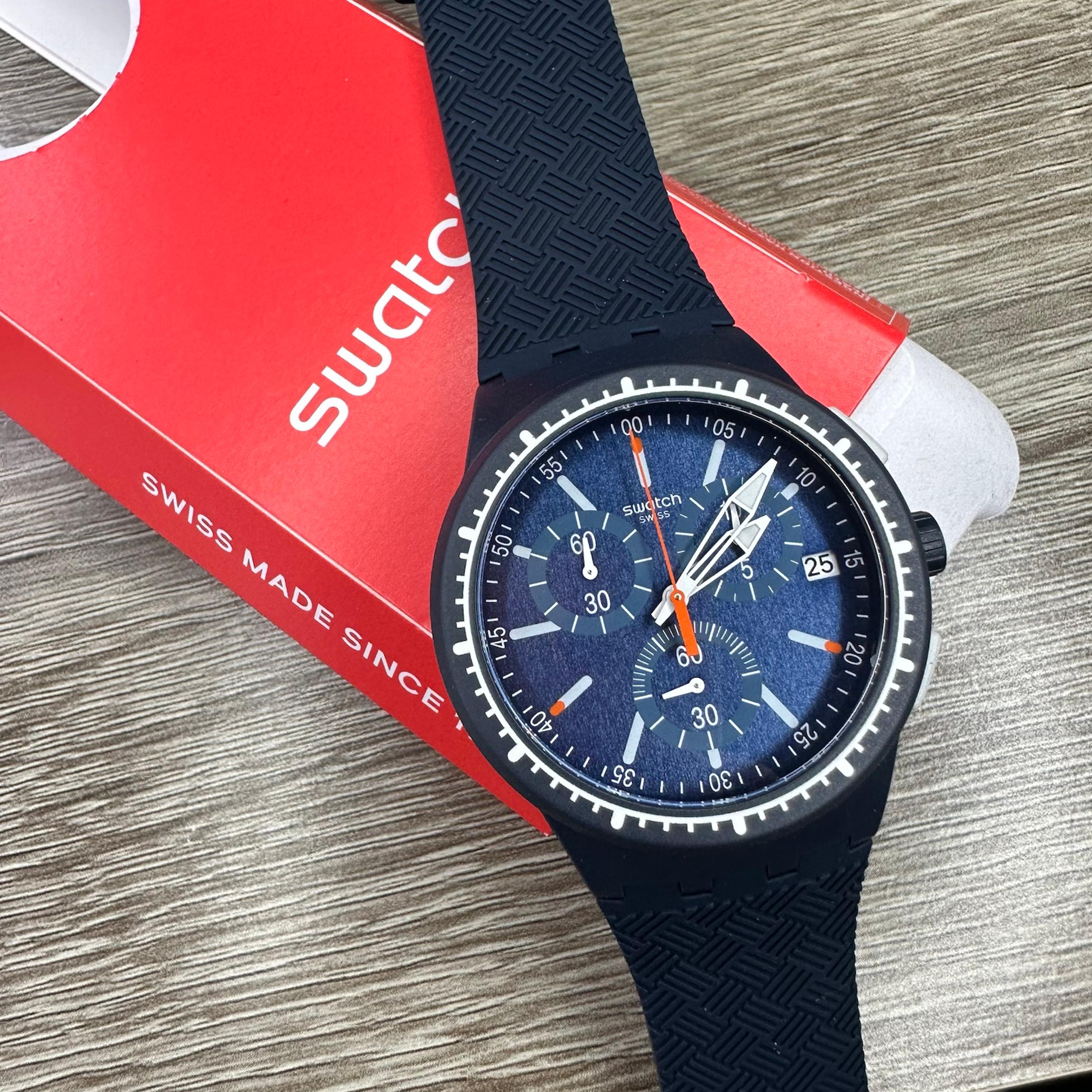 NEW✅ Swatch GARA IN BLU Navy Blue Men's Chronograph 42mm Silicone Watch MSUSN410