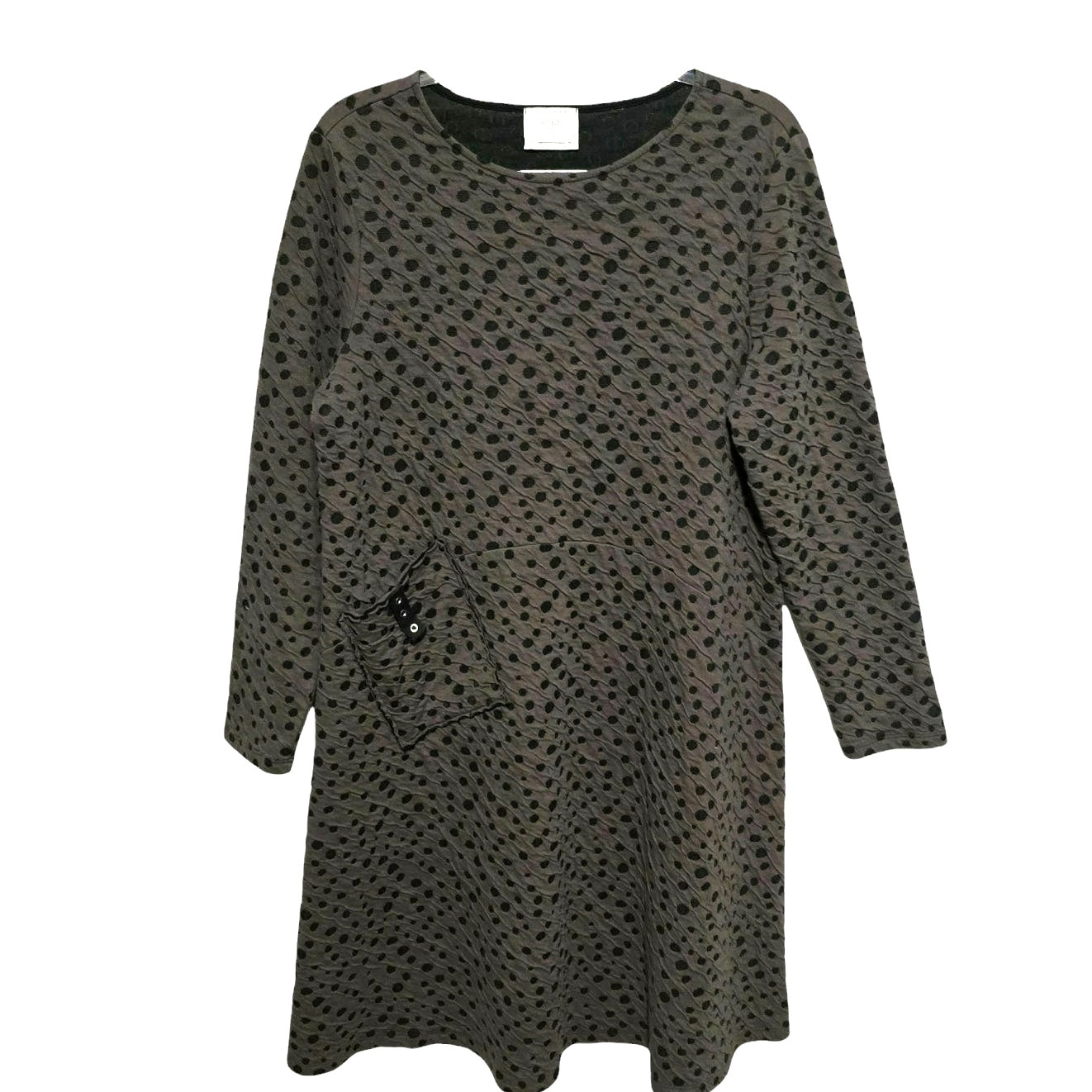Chalet et Ceci Midi Dress Polka Dot Grey Black Textured Cotton Blend Lagenlook M