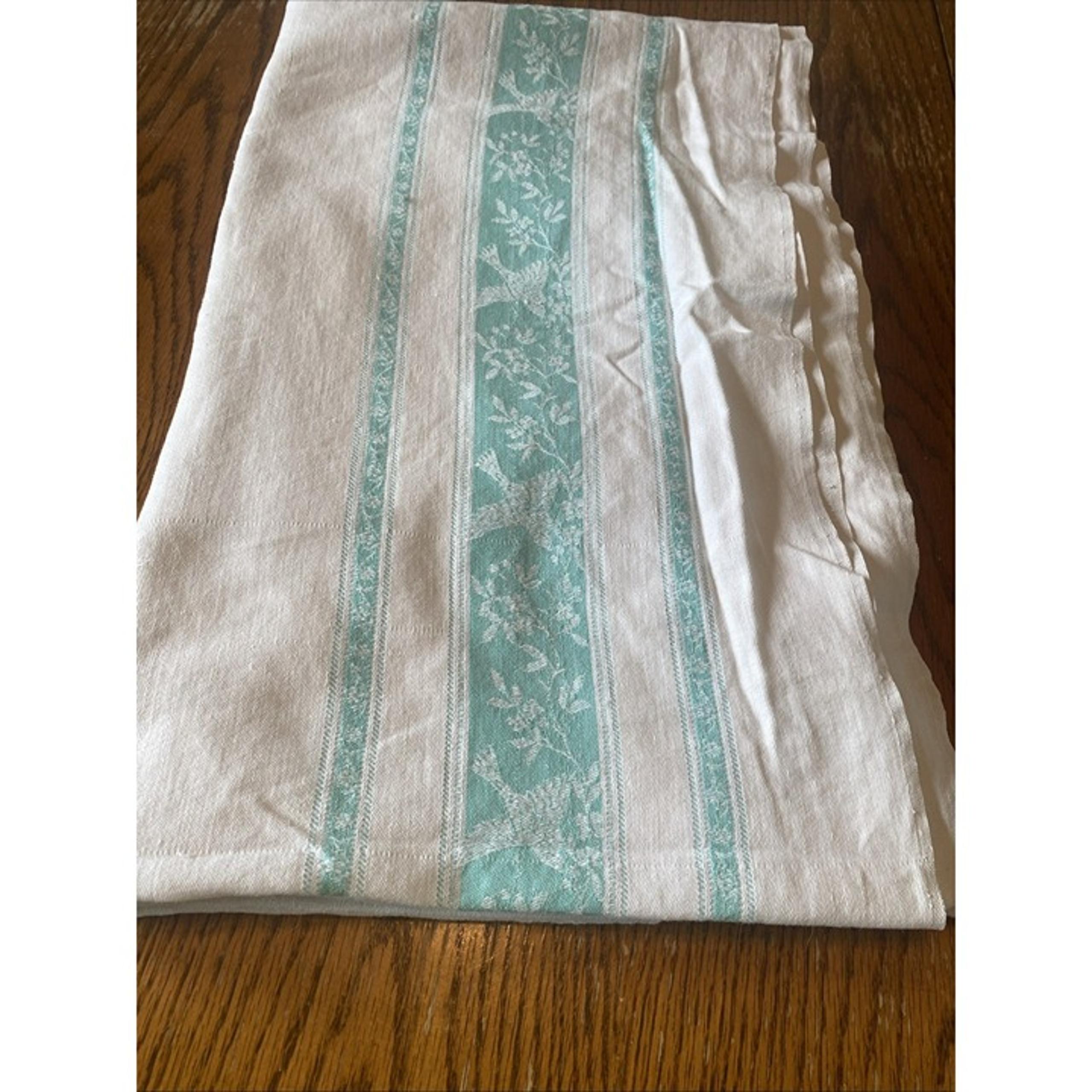 Vintage Linen Damask Woven Tablecloth White Green Birds Leaf Rectangle 85x53