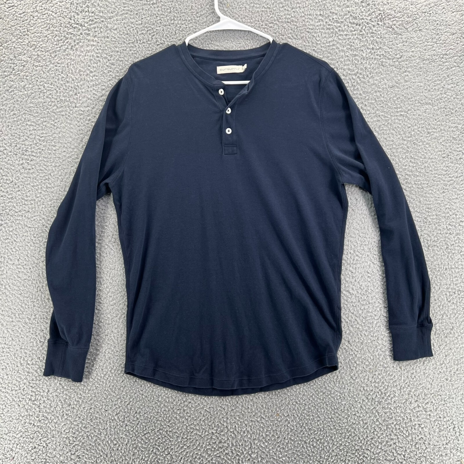 SUITSUPPLY Henley Long Sleeve T-Shirt Men Large Navy Classic Pima Cotton Stretch