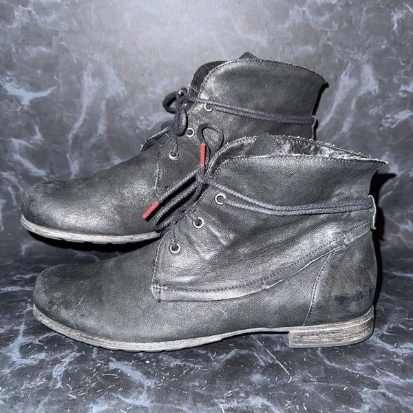 Think! Denk Black Leather Lace Up Shoe Comfort Ankle Boot Womens Size 10 (41)