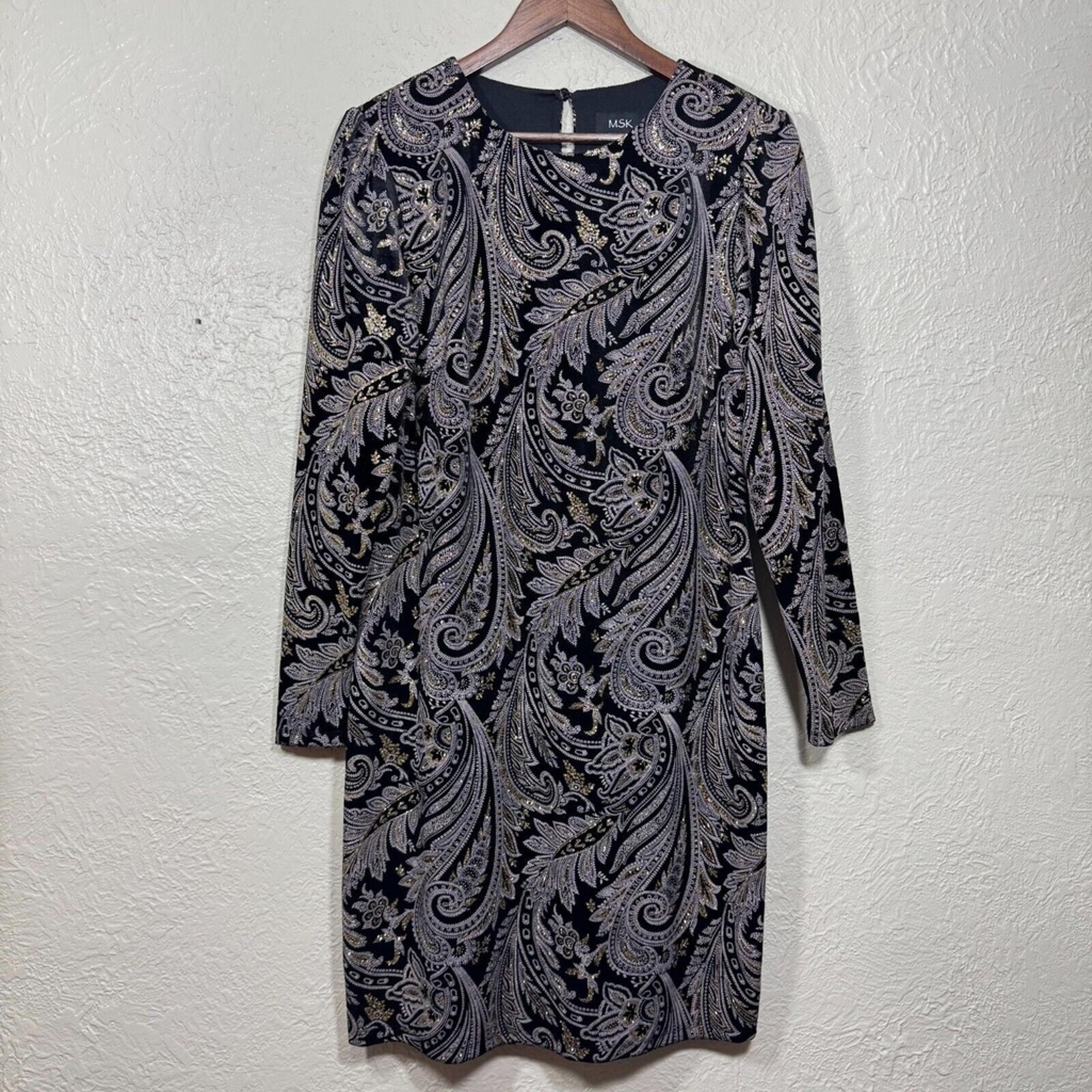 MSK Dress 14 Velvet Glitter Paisley Sheath Shiny Gold Royal Regency Wedding Gala