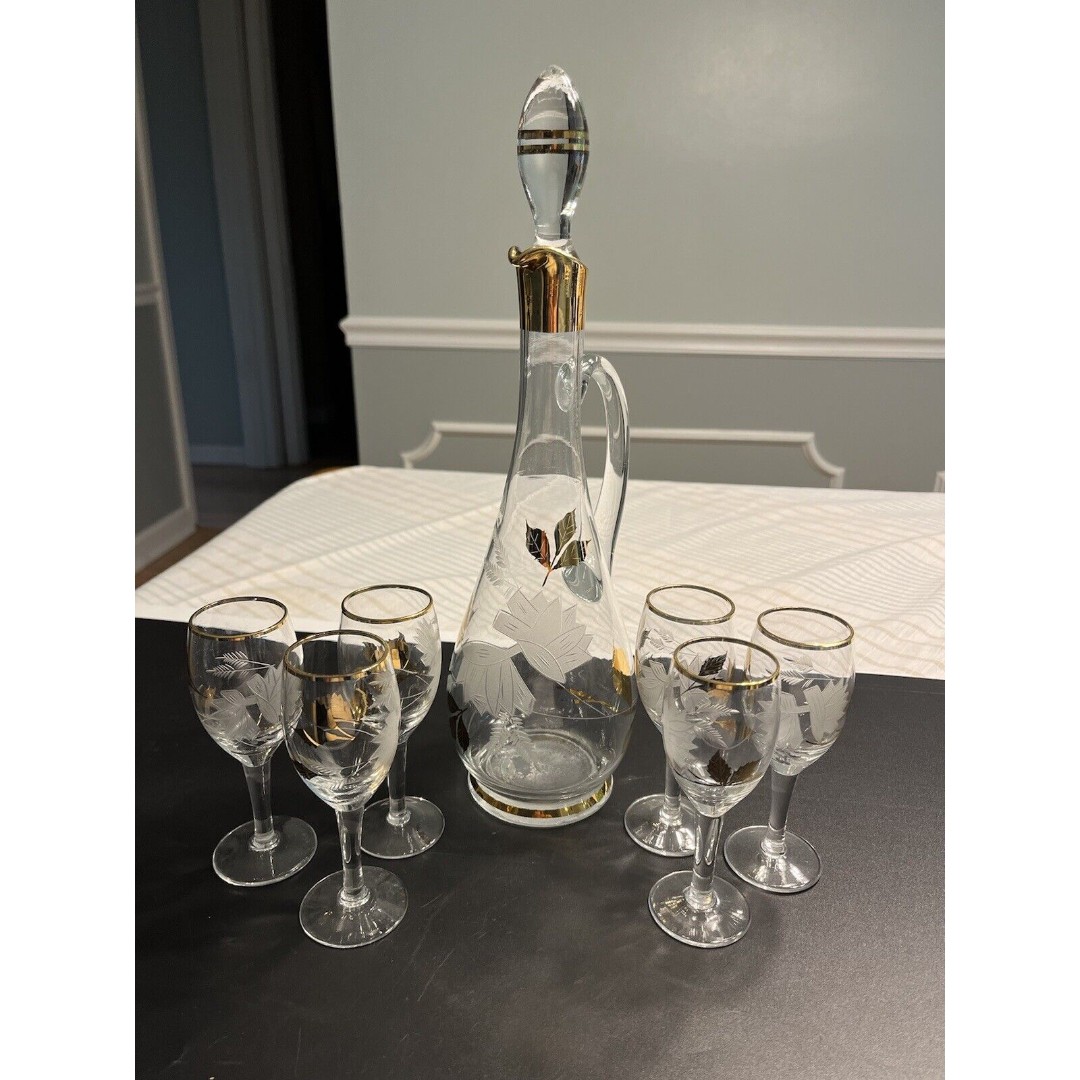 Vintage Romanian Crystal Decanter w 6 Cordial Wine Glasses Gold White Accents