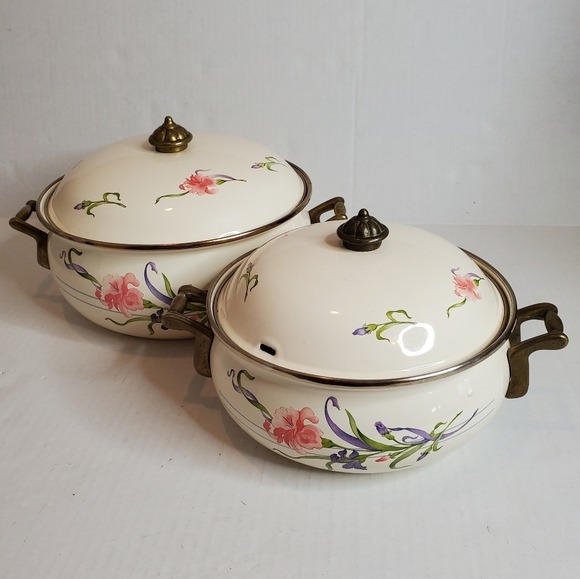 Vintage Lincoware Enamel Cookware Pots Set of 2 Bonnie Design 10 8.5