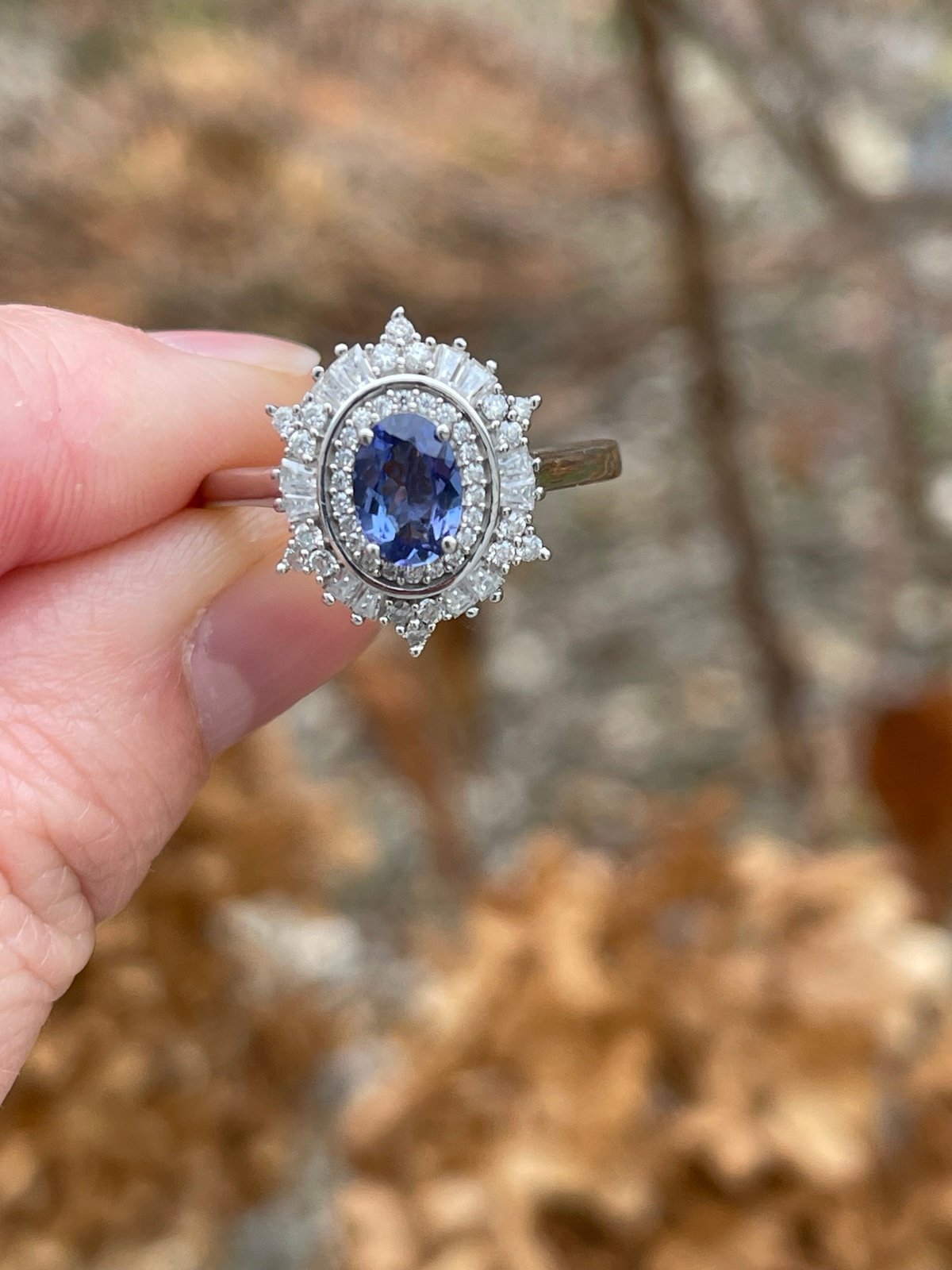 Tanzanite and Moissanite Halo Ring