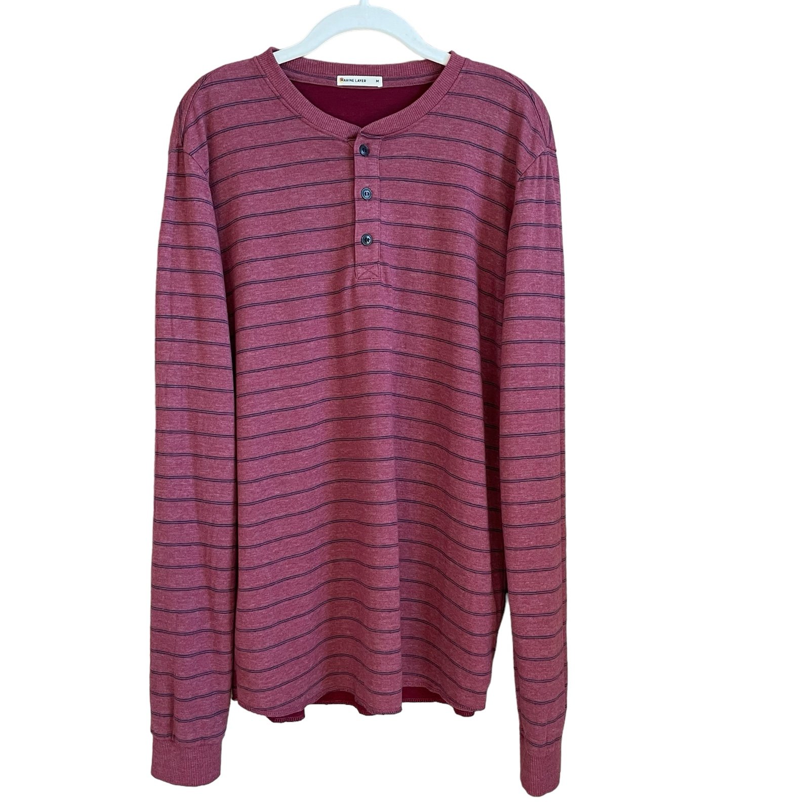 Marine Layer Double Knit Henley Mauve Pink Blue Stripe Size Medium Casual Cotton