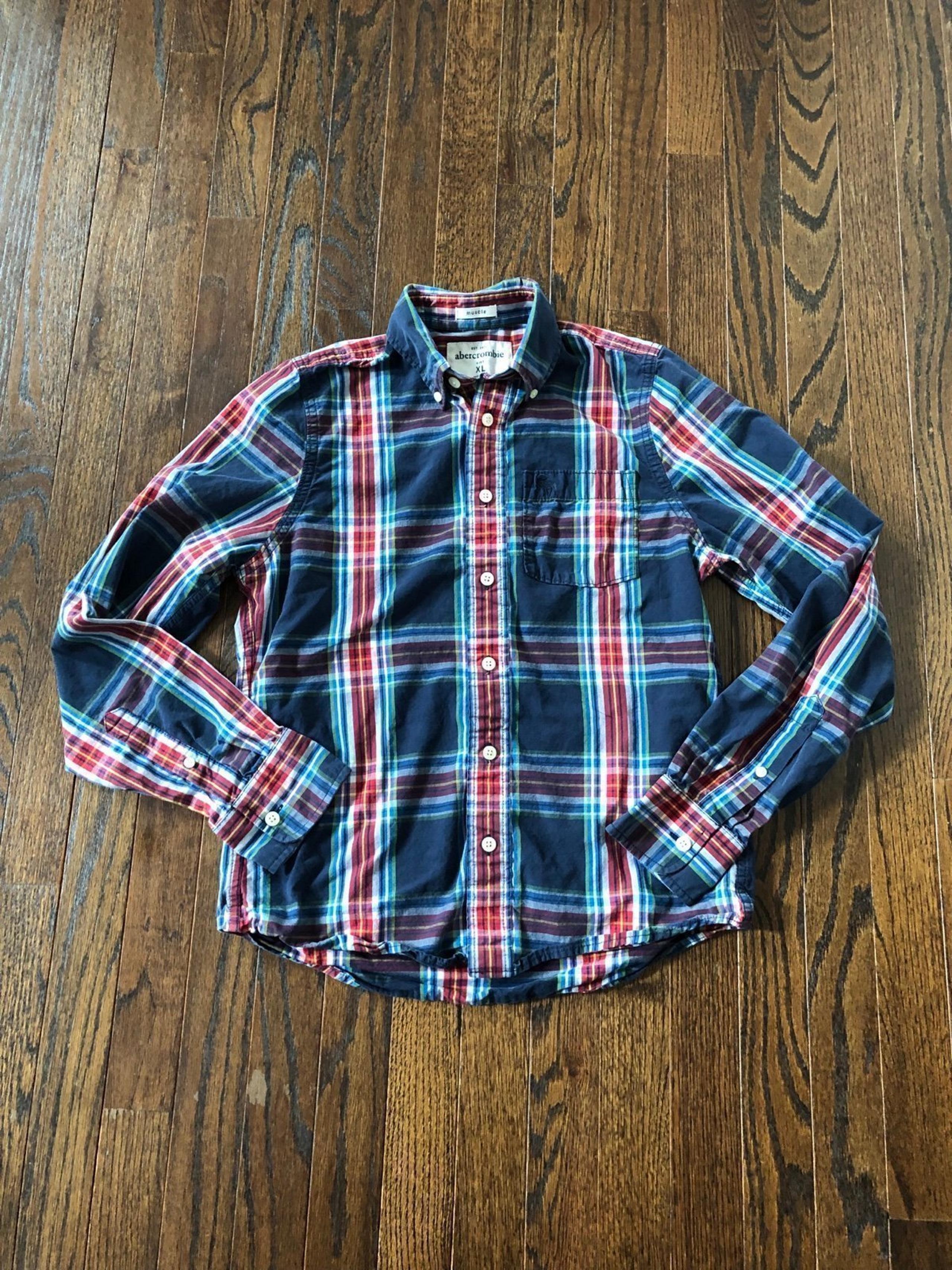 Abercrombie kids Boys XL Muscle-Fit Blue/Red/Green Plaid Button-Down - VGUC