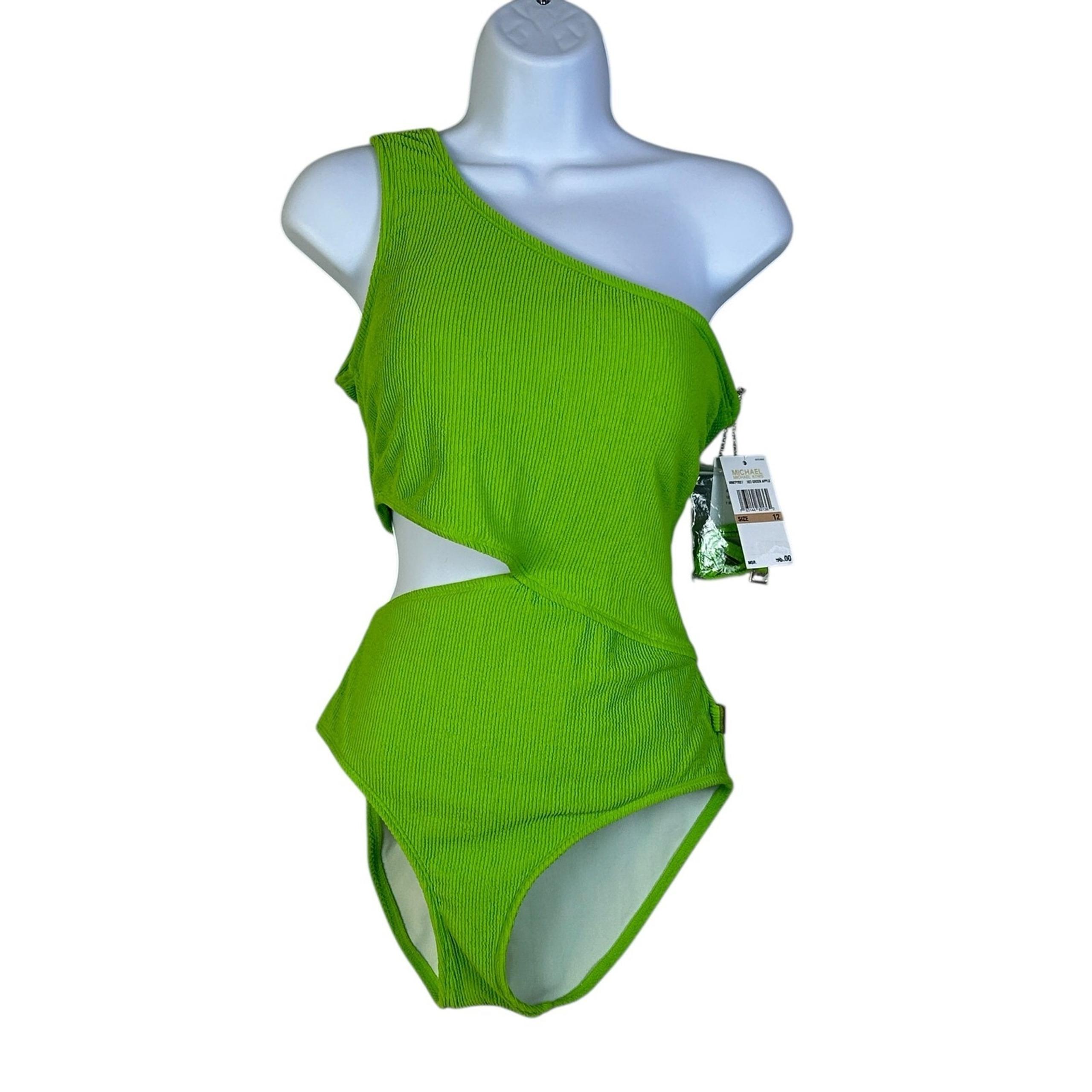 Michael MK Textured One Shoulder Cutout One Piece Swimsuit Green Women 12 NWT