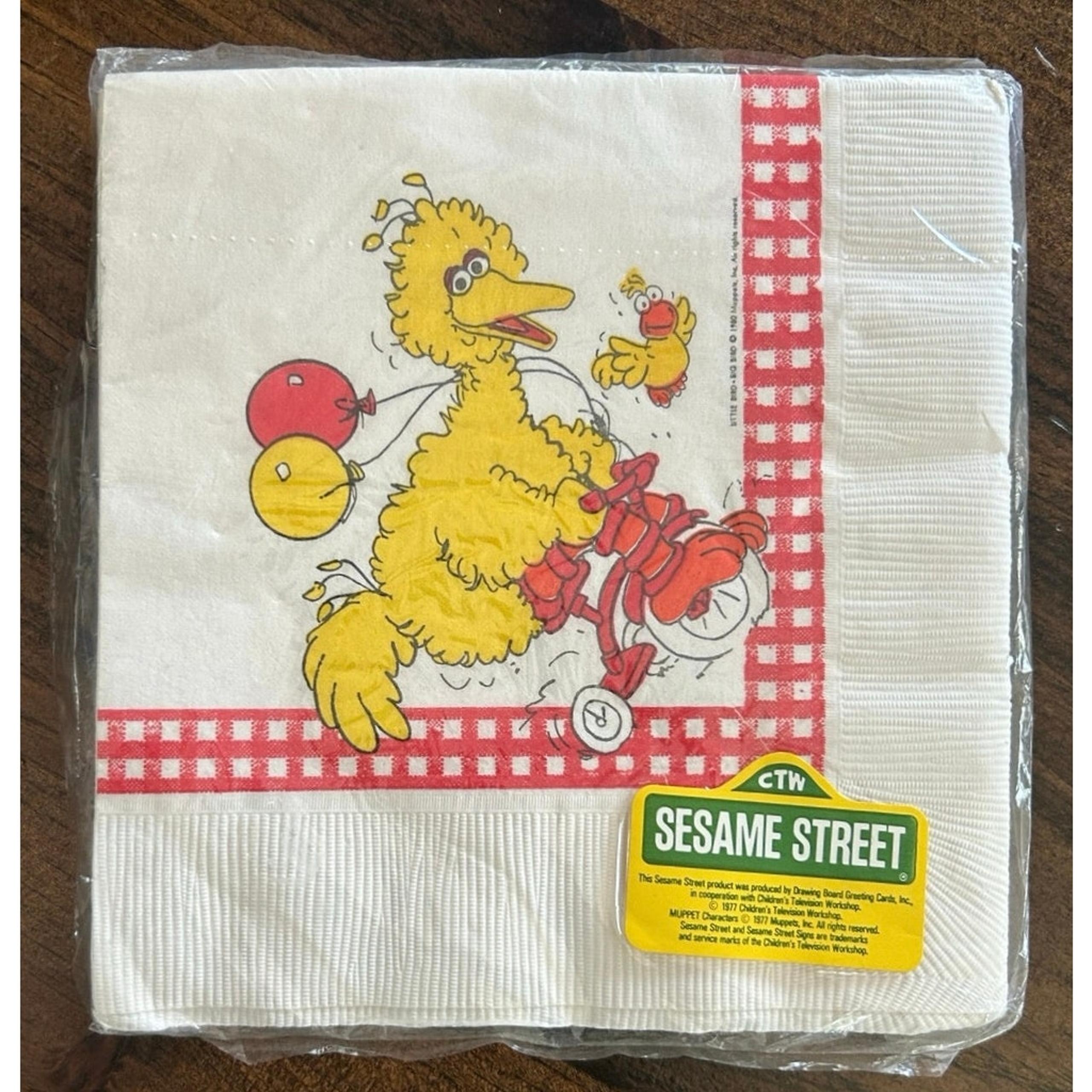 Vintage 1980 Sesame Street Big Bird Bike Balloons Yellow Paper Party Napkins
