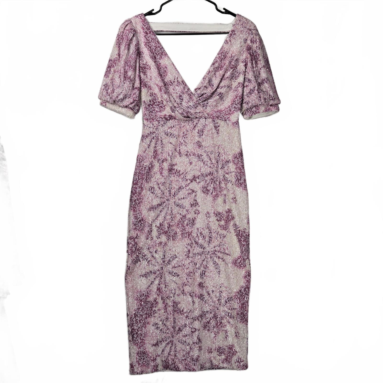 Badgley Mishka Elegant Puff Sleeve V Neck Sequin Midi Dress Pink Purple Size 4