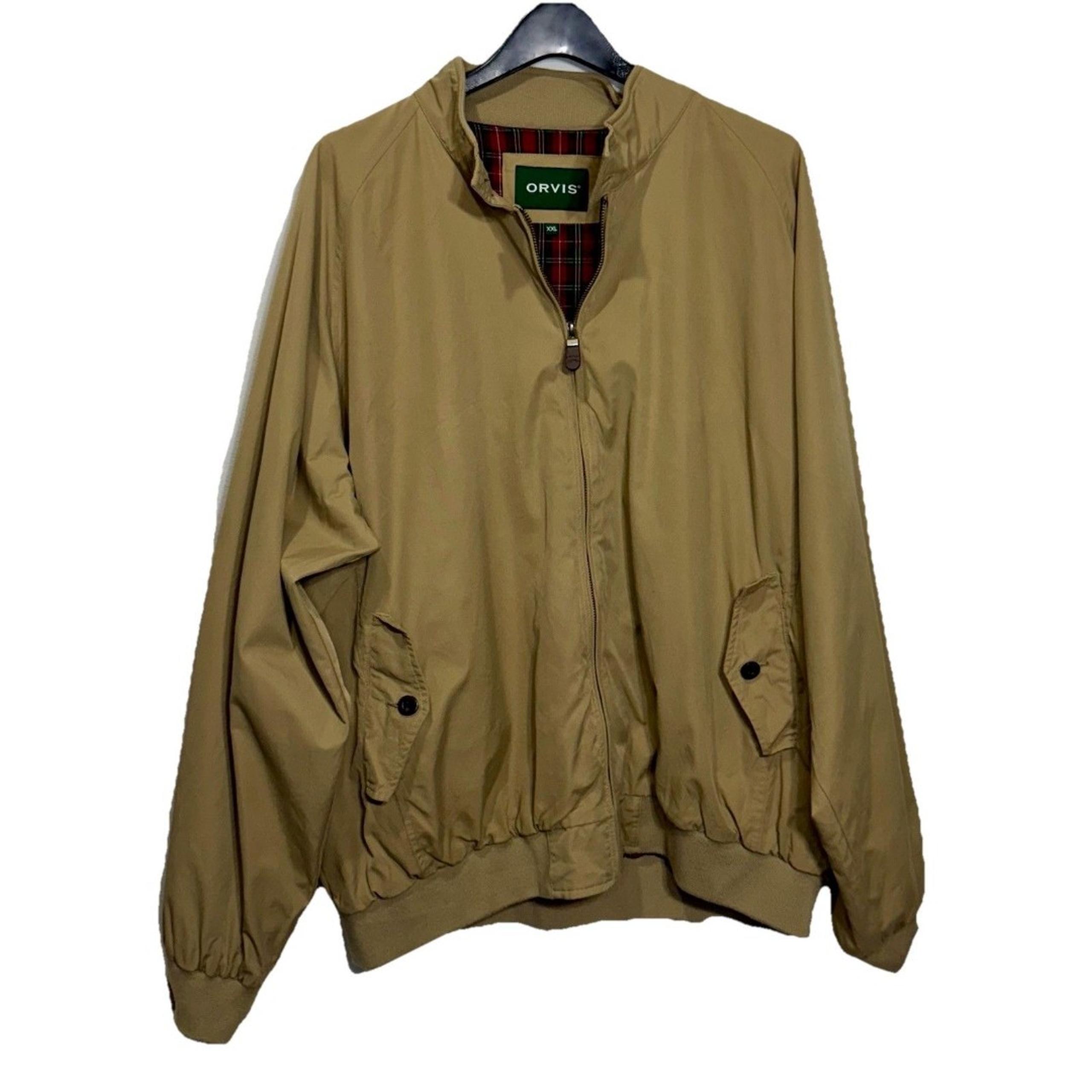 Orvis Windbreaker Bomber Jacket Mens L Tan Plaid Flannel Lining Outdoor Preppy
