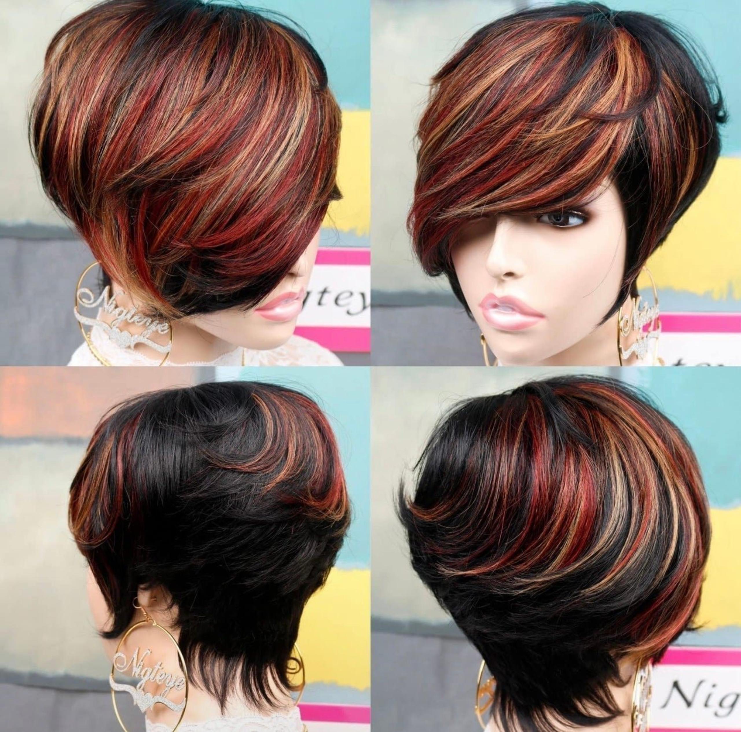 Short pixie cut human hair wigs glueless side part layered colorful human hair