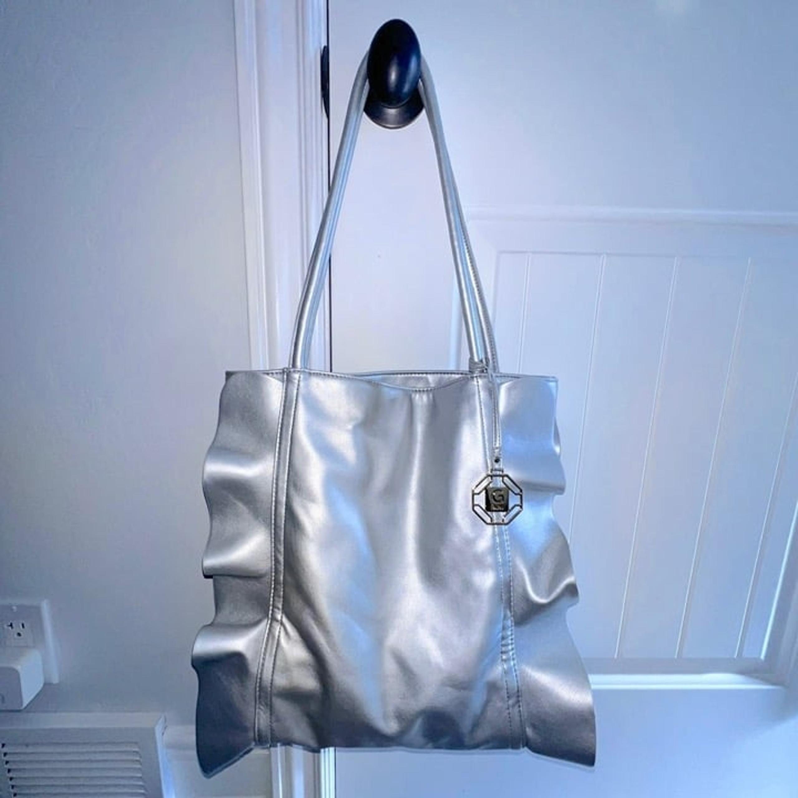 Gianni Bini Metallic Silver Faux Leather Side Ruffle Shoulder Bag Tote - EUC