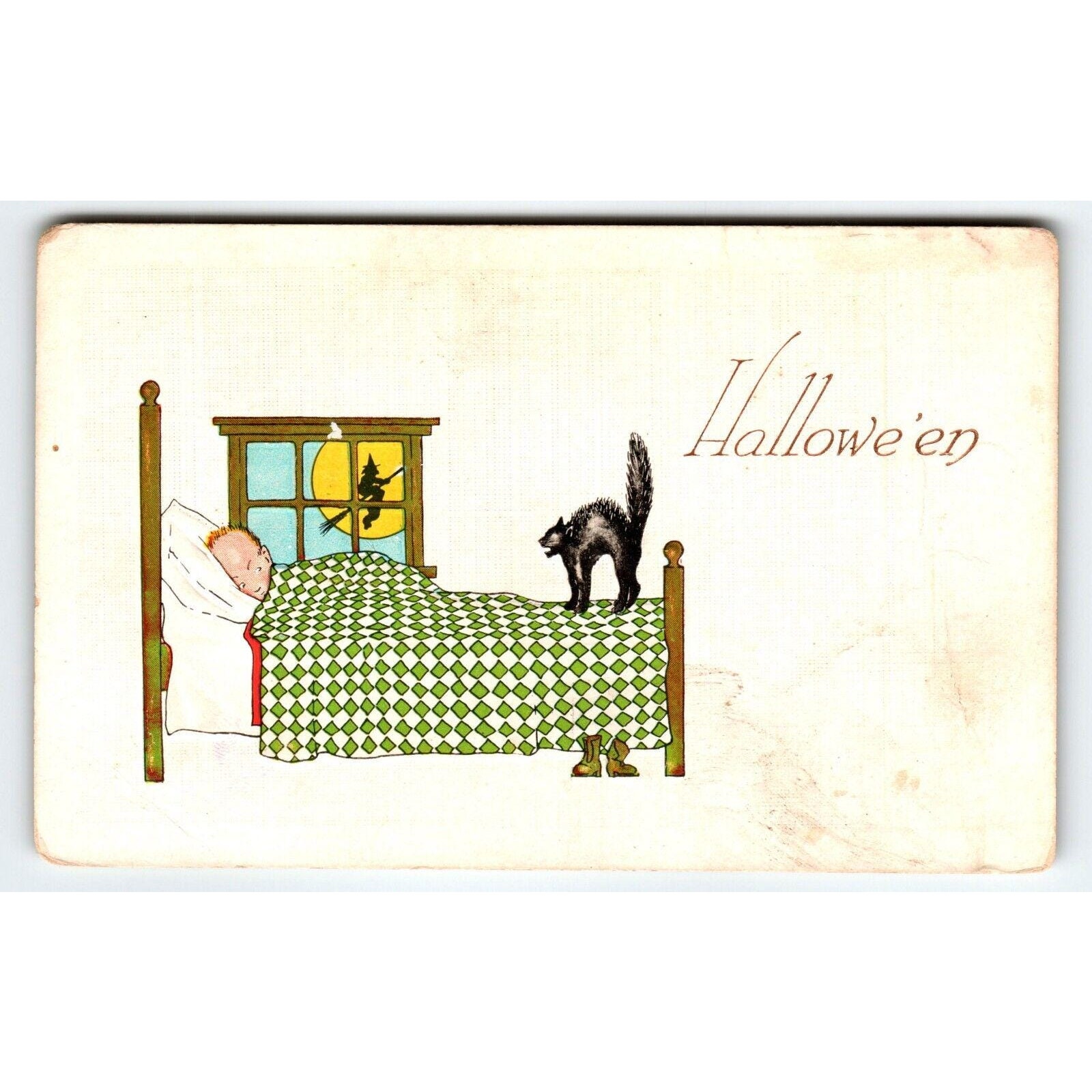 Vintage Halloween Postcard Witch Black Cat Moon Pink Of Perfection Fairman 6929