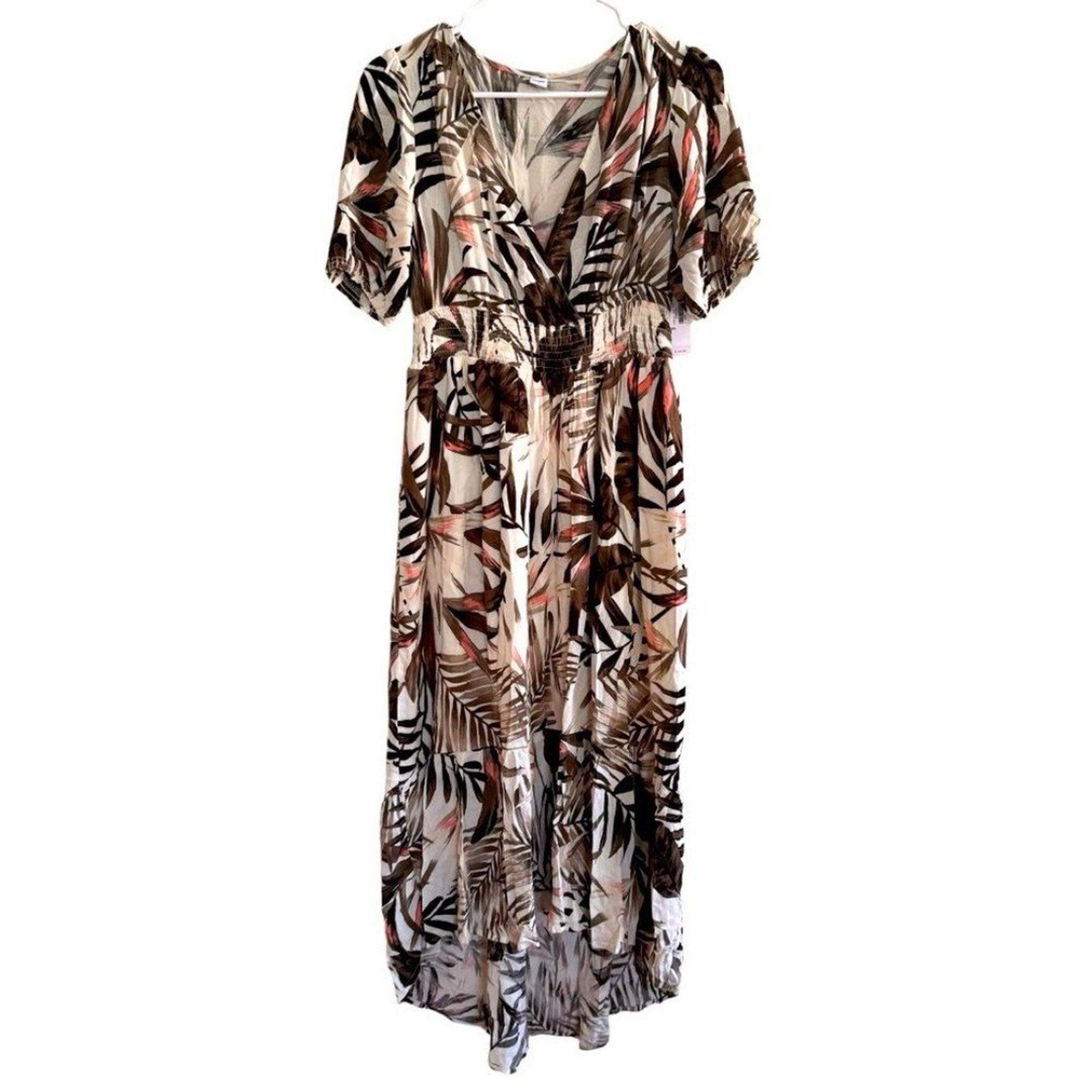 Old Navy Womens Crepe Dress Palm Leaves Brown V-neck Hi-Low Short Sleeve XS NWT