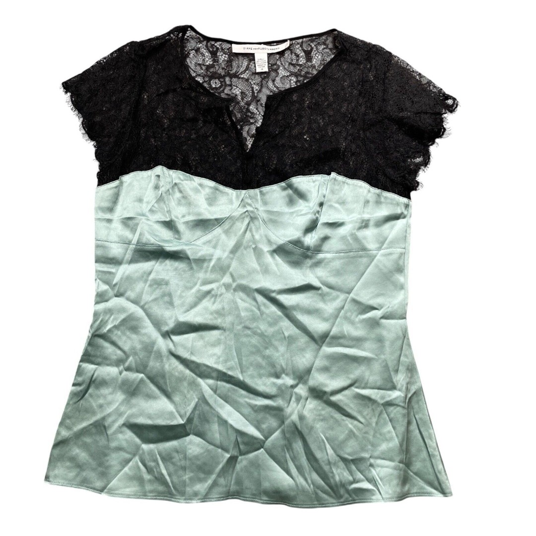 Diane Von Furstenberg 10 95% Silk Black Lace Bodice Green Sleeveless