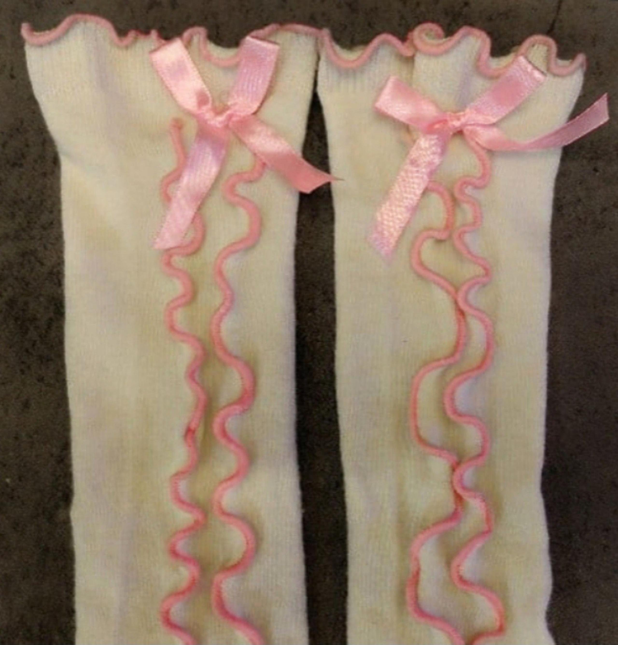 Ivory & Baby Pink Ruffle Frills & Bows Mid Calf Socks