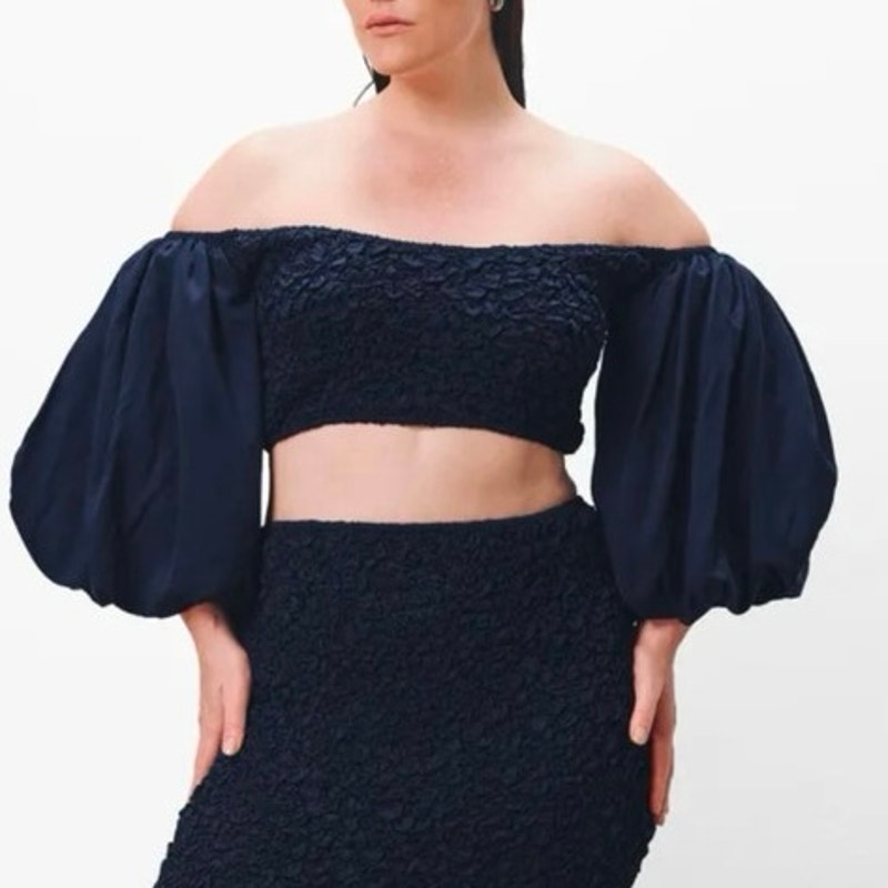 NWT Mara Hoffman Pier Popcorn Bandau Crop Top with ballon sleeves Navy Blue XL