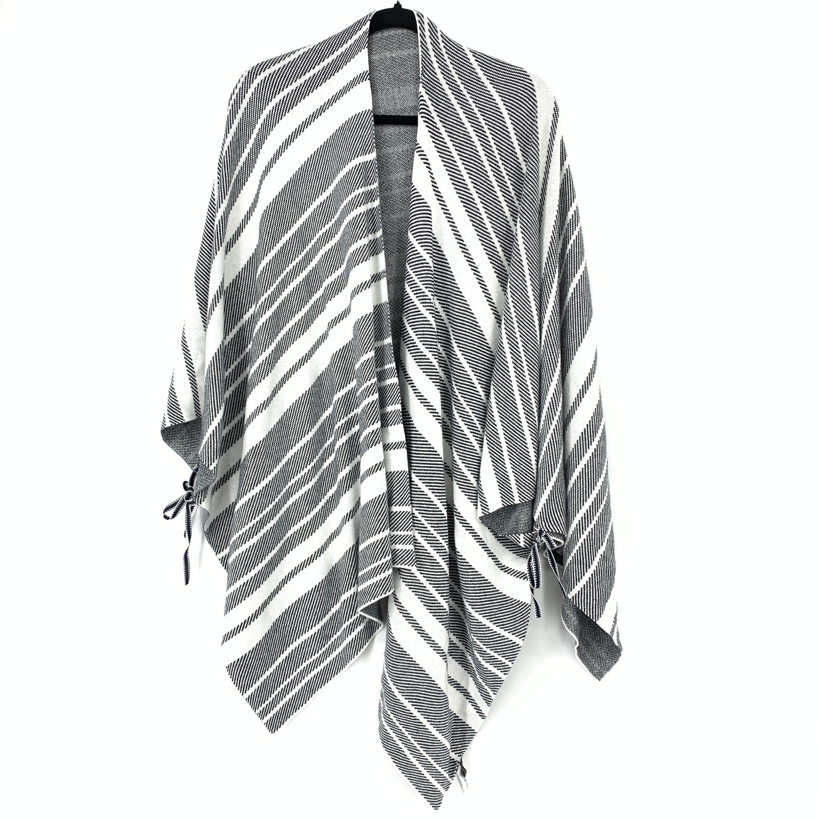 Talbots Women's One Size Striped Open Front Poncho Sweater Black/White