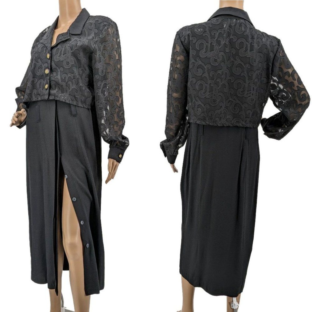 Vintage 90s Ultra Cocktail Dress Midi Sheer Lace Black Gold Whimsigoth Size 10