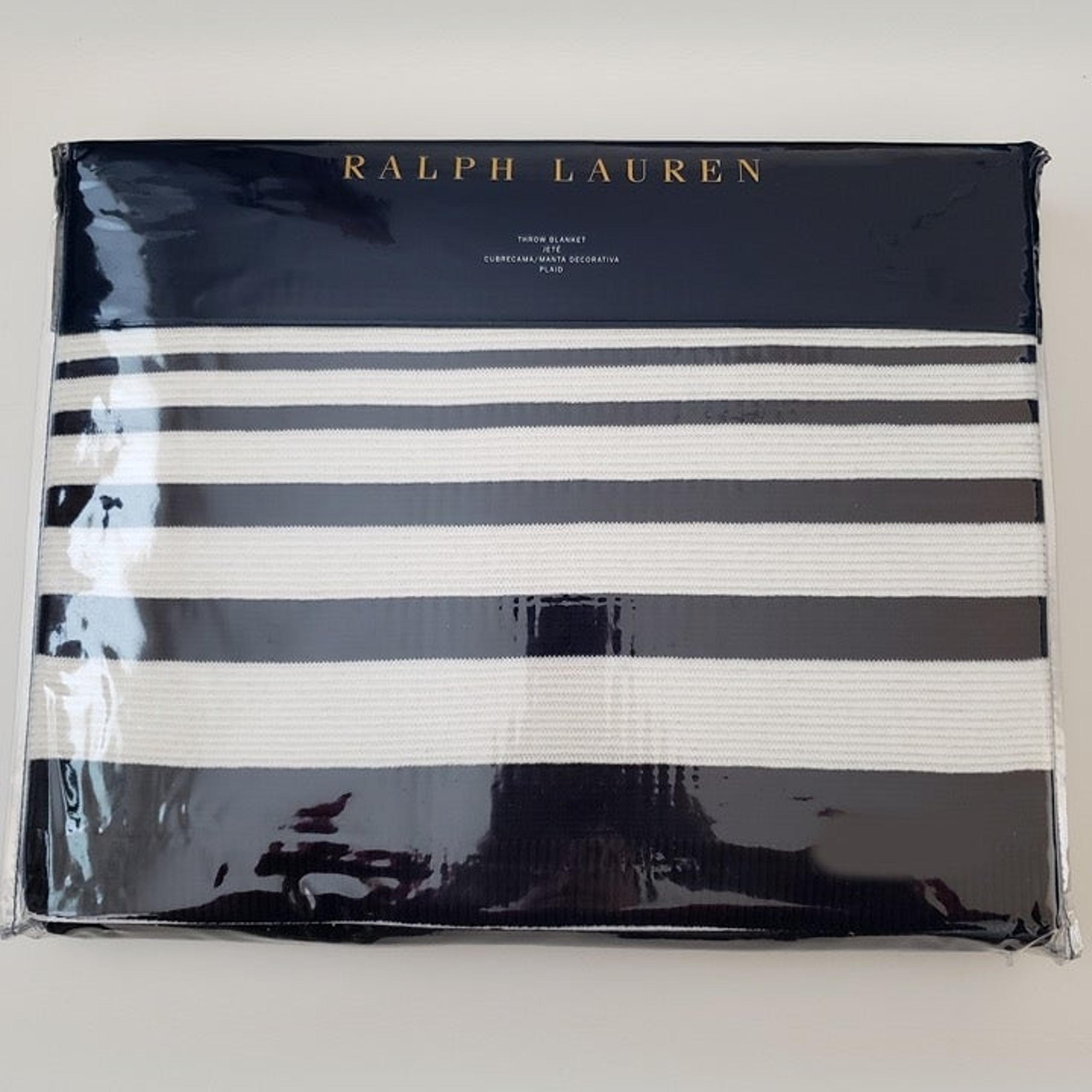 Ralph Lauren Harlow 100% Cotton Throw Blanket White Navy 54"x72"