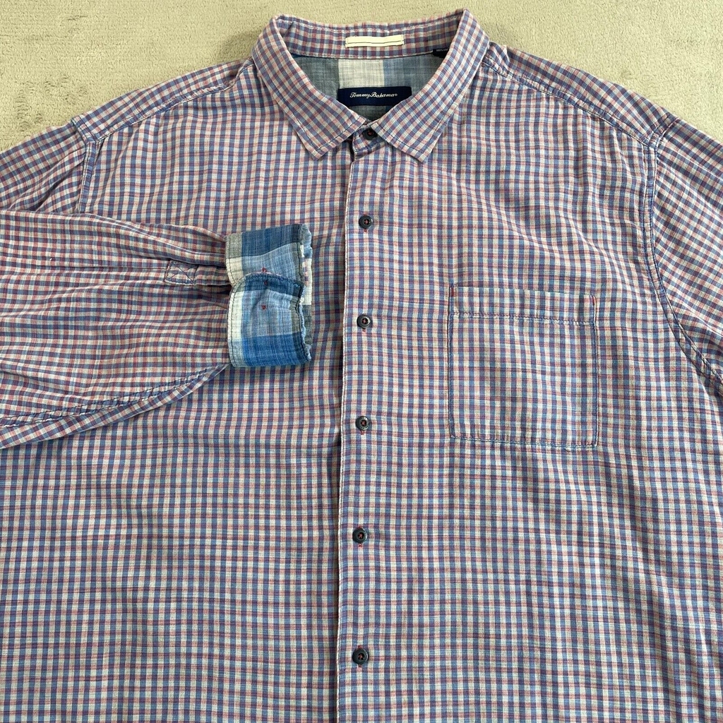Tommy Bahama Dual Lux Gingham Shirt Men 3XLT Tall Blue Purple Check Flip Cuff