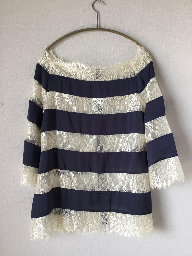 【Brand New & Unused】Keita Maruyama☆Lace Border Top, Navy & Ivory