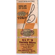 Sly's Variety Store Stetson Gloves Kalamazoo MI Vintage Matchbook Cover SF4-Y2